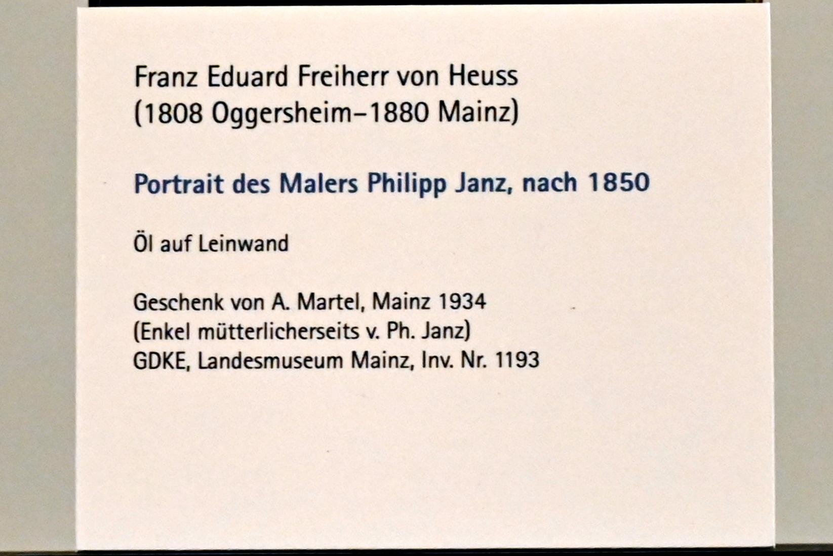 Eduard von Heuss (1851), Portrait des Malers Philipp Janz, Mainz, Landesmuseum, Graphische Sammlung, nach 1850, Bild 2/2