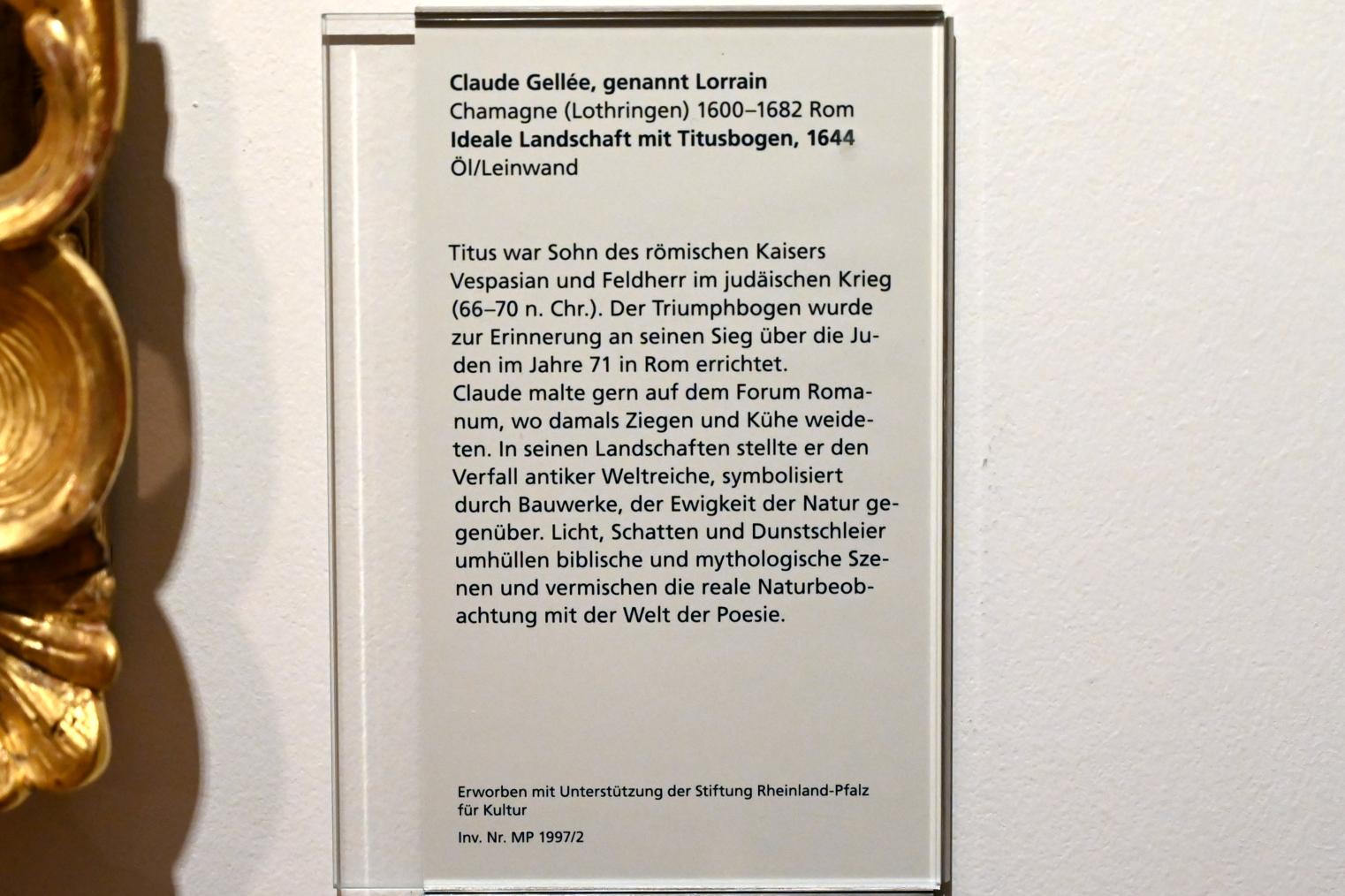 Claude Lorrain (Claude Gellée) (1628–1681), Ideale Landschaft mit Titusbogen, Mainz, Landesmuseum, Mainzer Barock, 1644, Bild 2/2