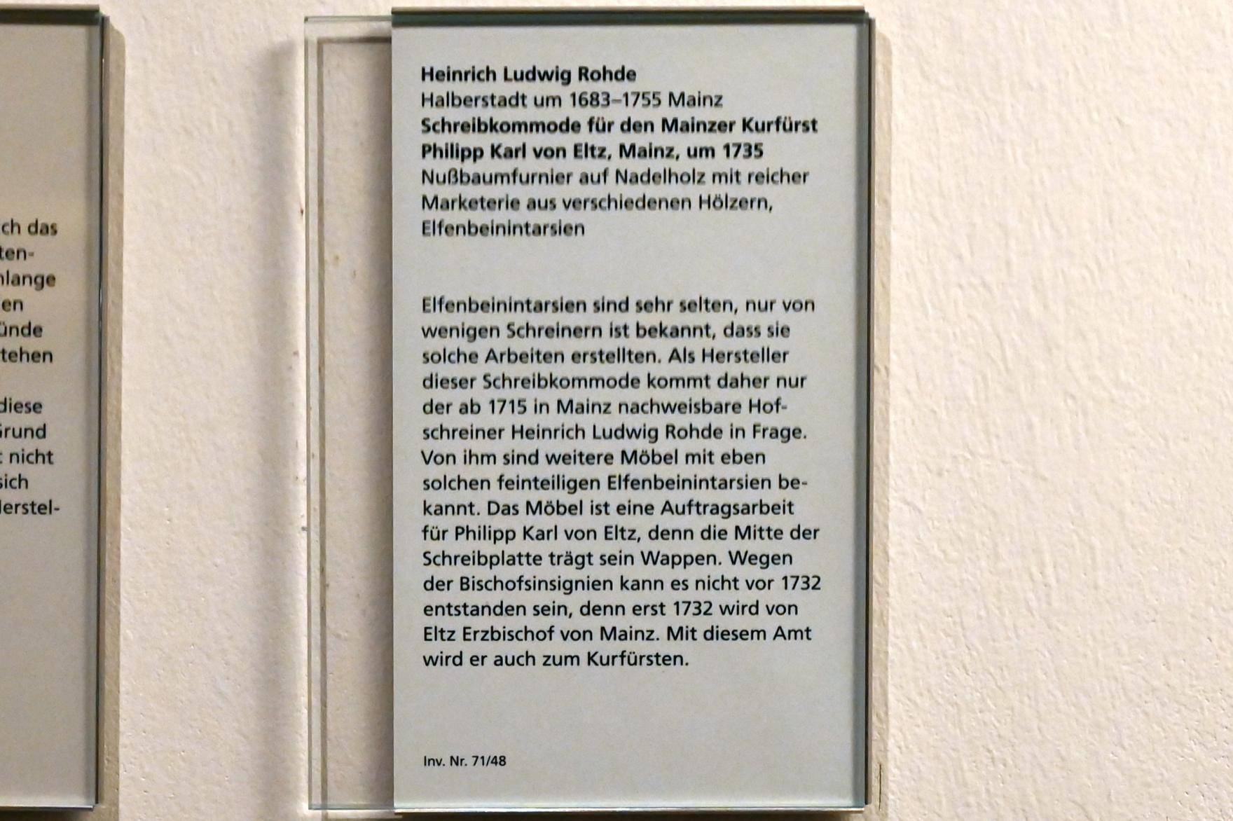 Heinrich Ludwig Rohde (1735), Schreibkommode für den Mainzer Kurfürst Philipp Karl von Eltz, Mainz, Landesmuseum, Mainzer Barock, um 1735, Bild 3/3