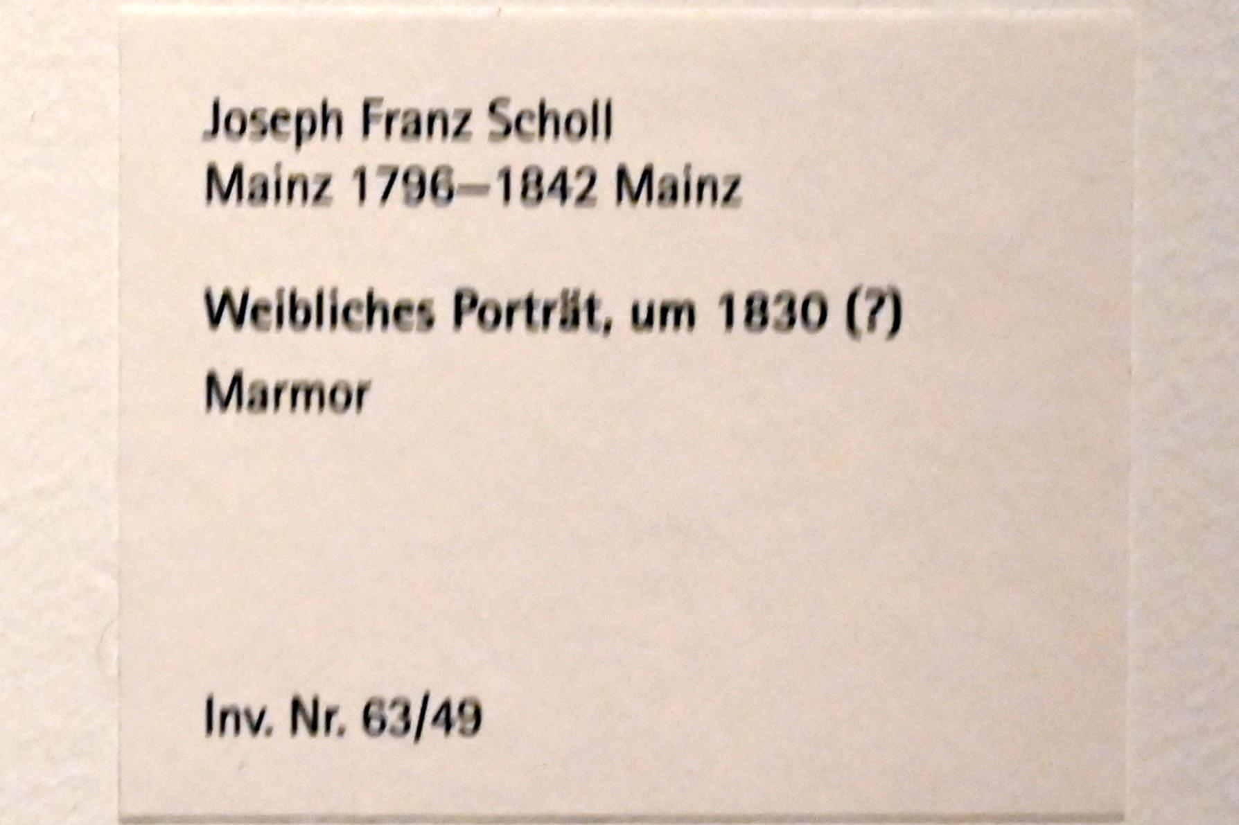 Franz Joseph Scholl (1830), Weibliches Porträt, Mainz, Landesmuseum, Schaudepot, um 1830, Bild 3/3