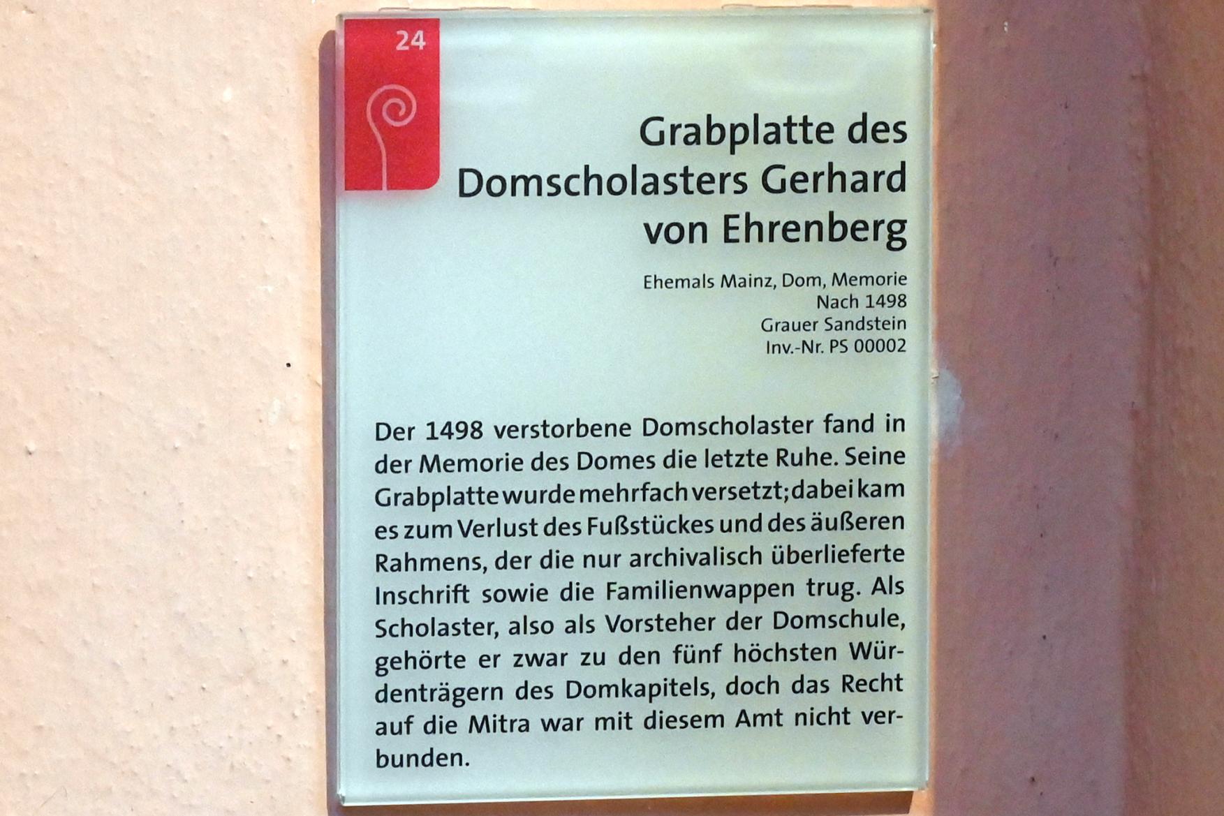 Grabplatte des Domscholasters Gerhard von Ehrenberg, Mainz, Hohe Dom St. Martin zu Mainz, jetzt Mainz, Dom- und Diözesanmuseum, nach 1498, Bild 2/2