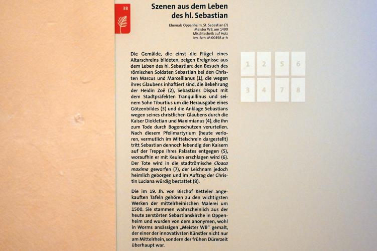 Disput des hl. Sebastian mit dem Stadtpräfekten Tranquillinus und seinem Sohn Tiburtius um die Herausgabe eines Götzenbildes, Oppenheim, ehem. Kirche St. Sebastian, jetzt Mainz, Dom- und Diözesanmuseum, um 1490, Bild 2/2