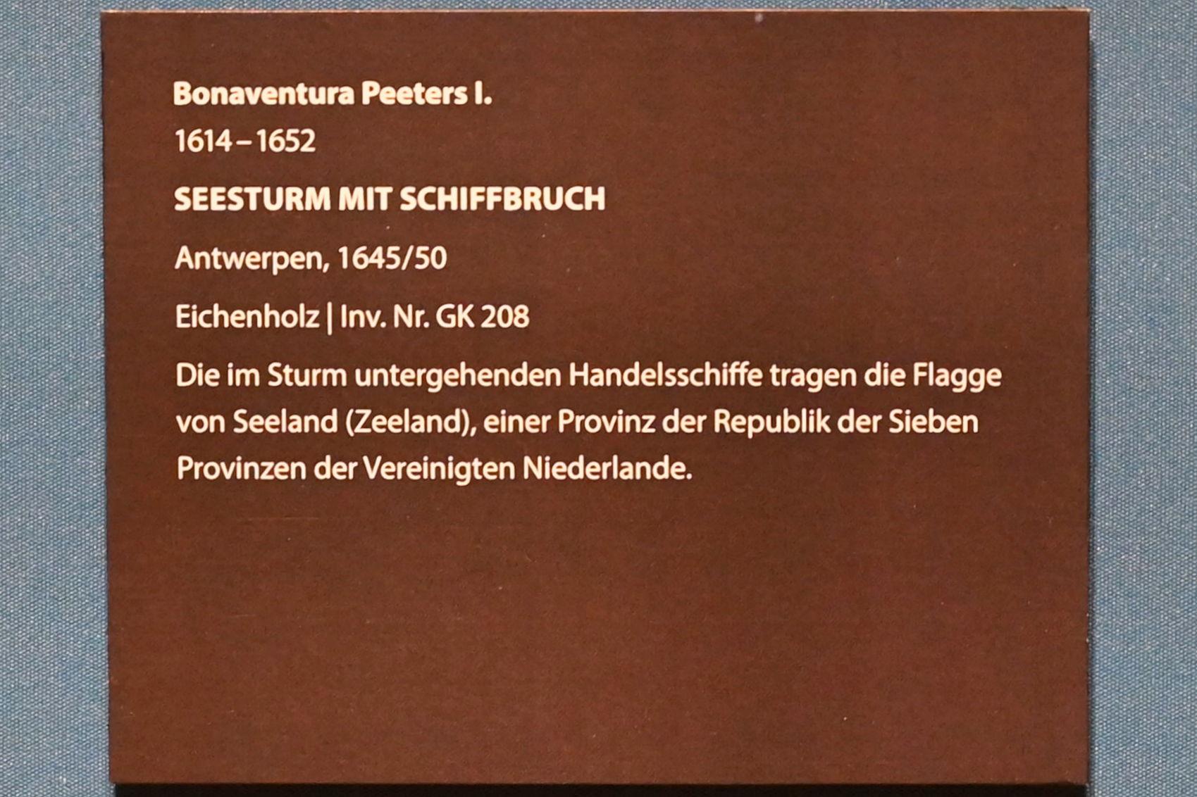 Bonaventura Peeters (1635–1647), Seesturm mit Schiffbruch, Darmstadt, Hessisches Landesmuseum, Saal 1, 1645–1650, Bild 2/2