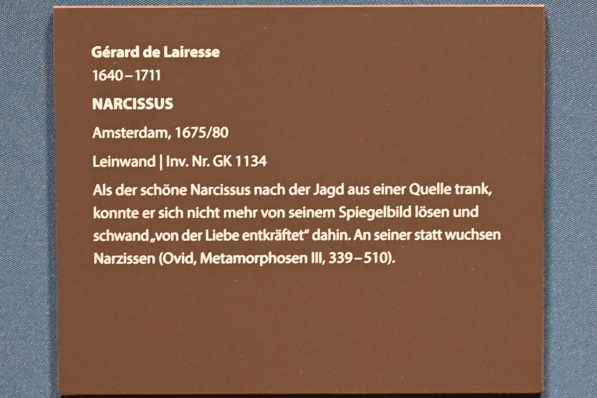 Gerard de Lairesse (1663–1685), Narcissus, Darmstadt, Hessisches Landesmuseum, Saal 2, 1675–1680, Bild 2/2