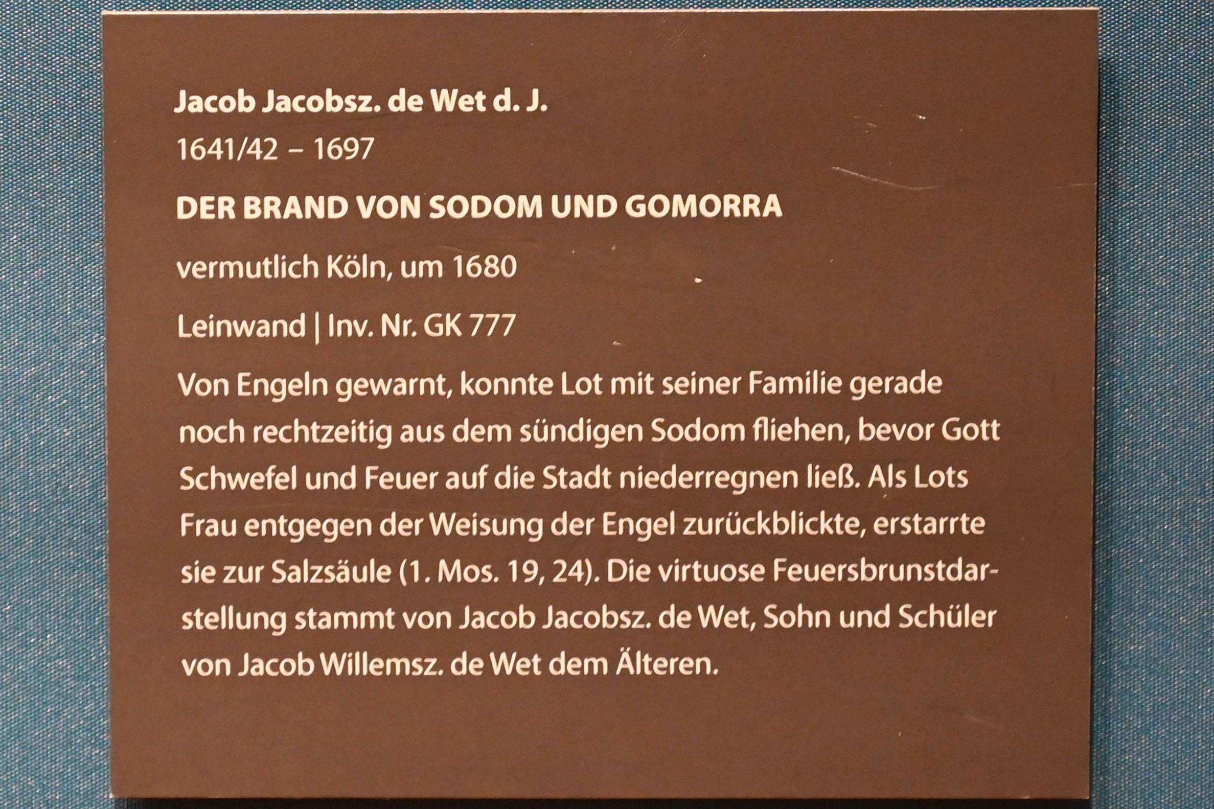 Jacob Jacobsz de Wet II (1680), Der Brand von Sodom und Gomorra, Darmstadt, Hessisches Landesmuseum, Saal 2, um 1680, Bild 2/2