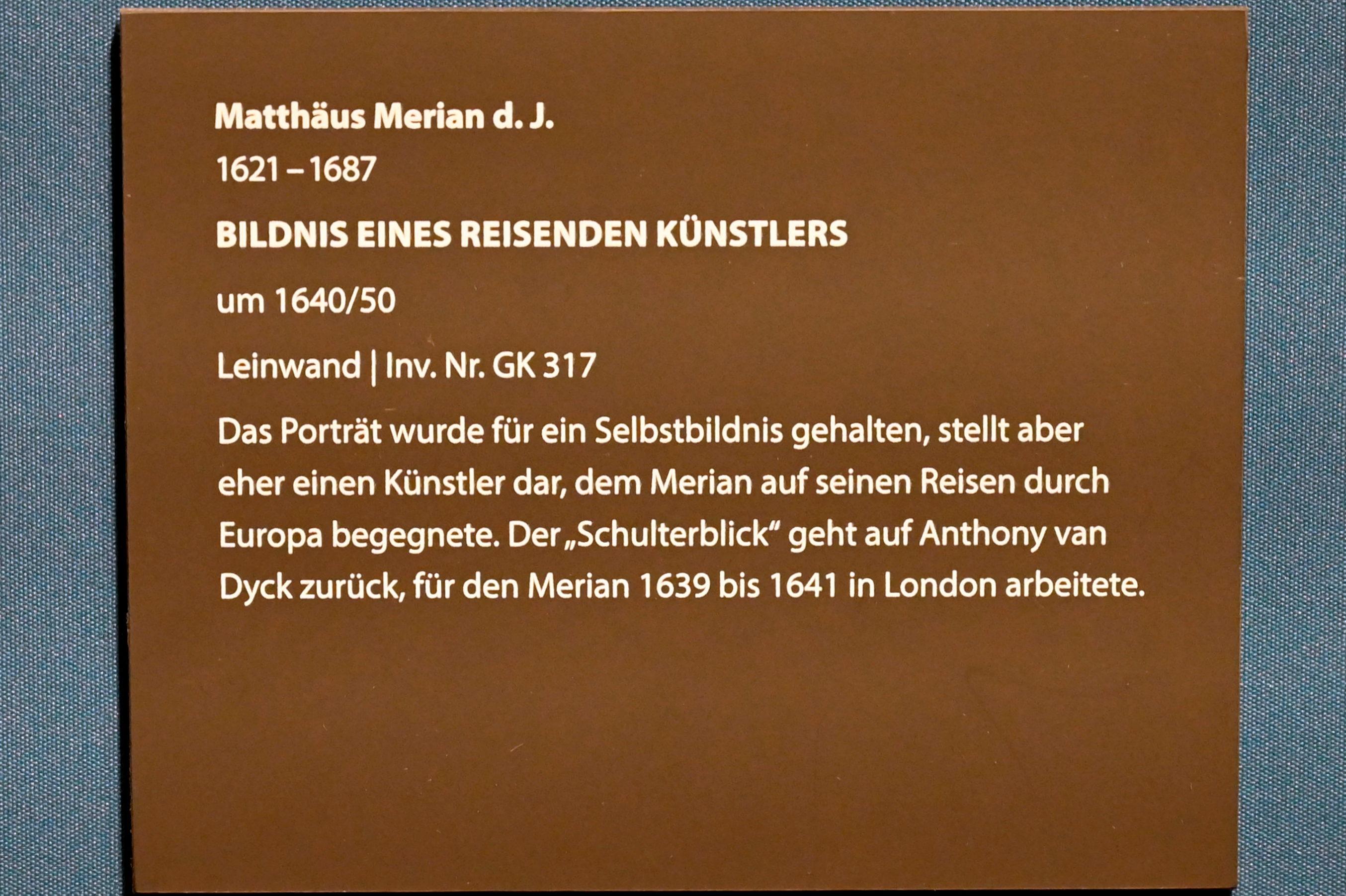 Matthäus Merian der Jüngere (1645), Bildnis eines reisenden Künstlers, Darmstadt, Hessisches Landesmuseum, Saal 2, um 1640–1650, Bild 2/2