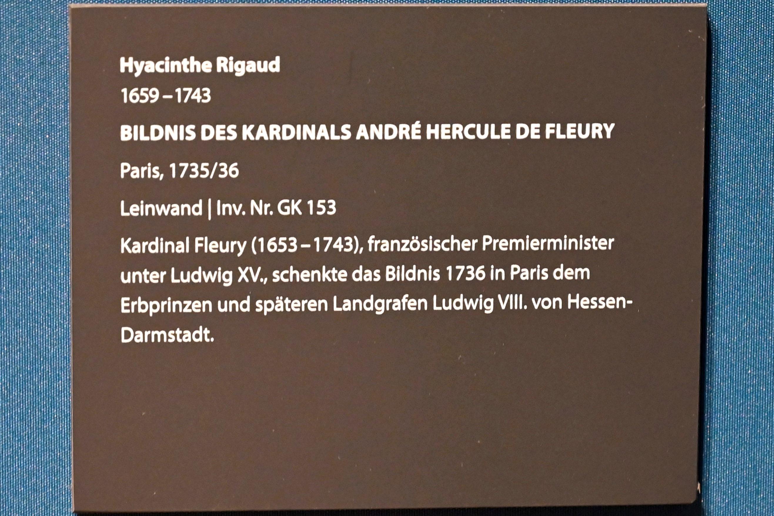 Hyacinthe Rigaud (1688–1740), Bildnis des Kardinals André Hercule de Fleury, Darmstadt, Hessisches Landesmuseum, Saal 3, 1735–1736, Bild 2/2