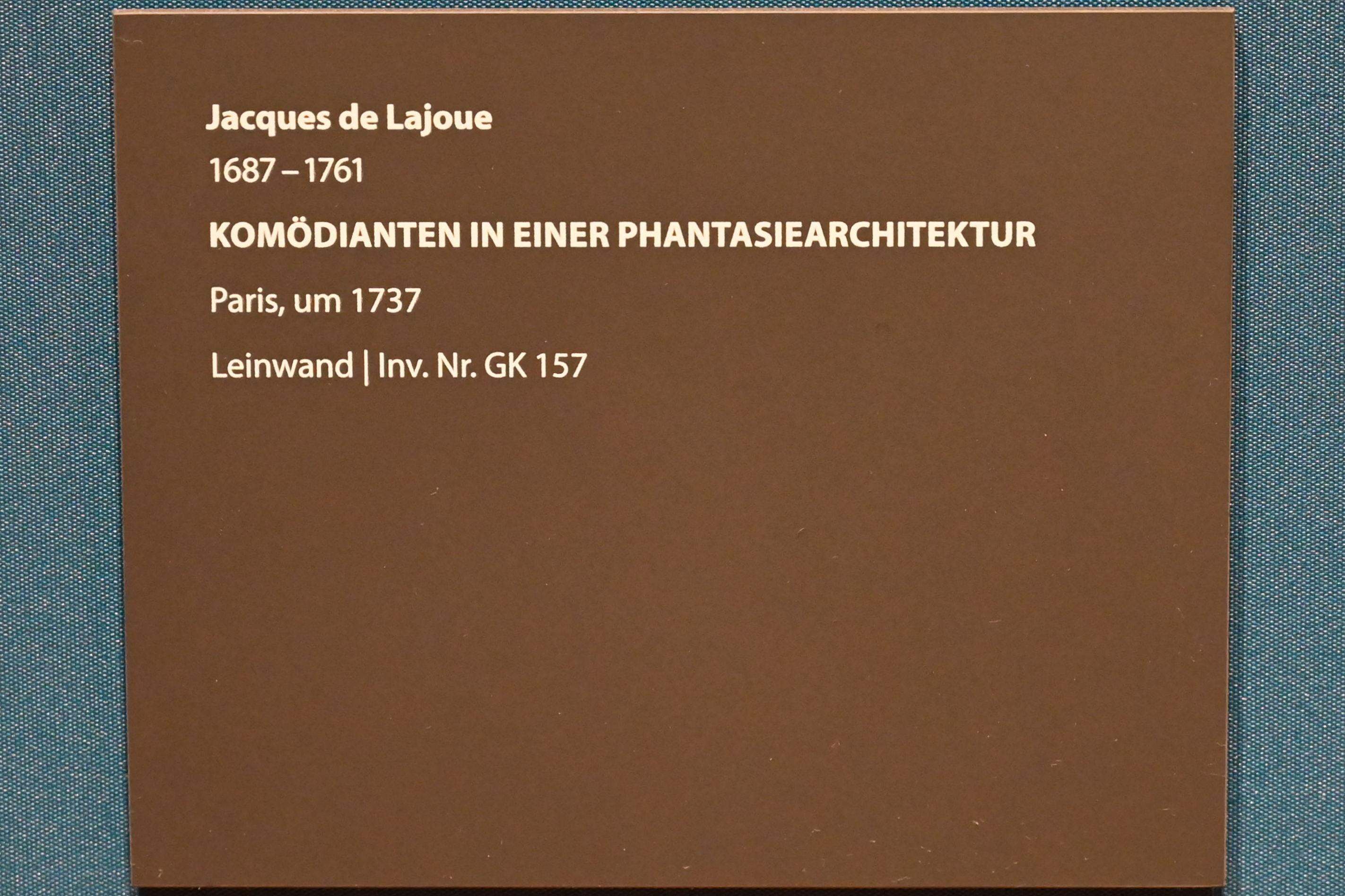 Jacques de Lajoue (1736–1737), Komödianten in einer Phantasiearchitektur, Darmstadt, Hessisches Landesmuseum, Saal 3, um 1737, Bild 2/2