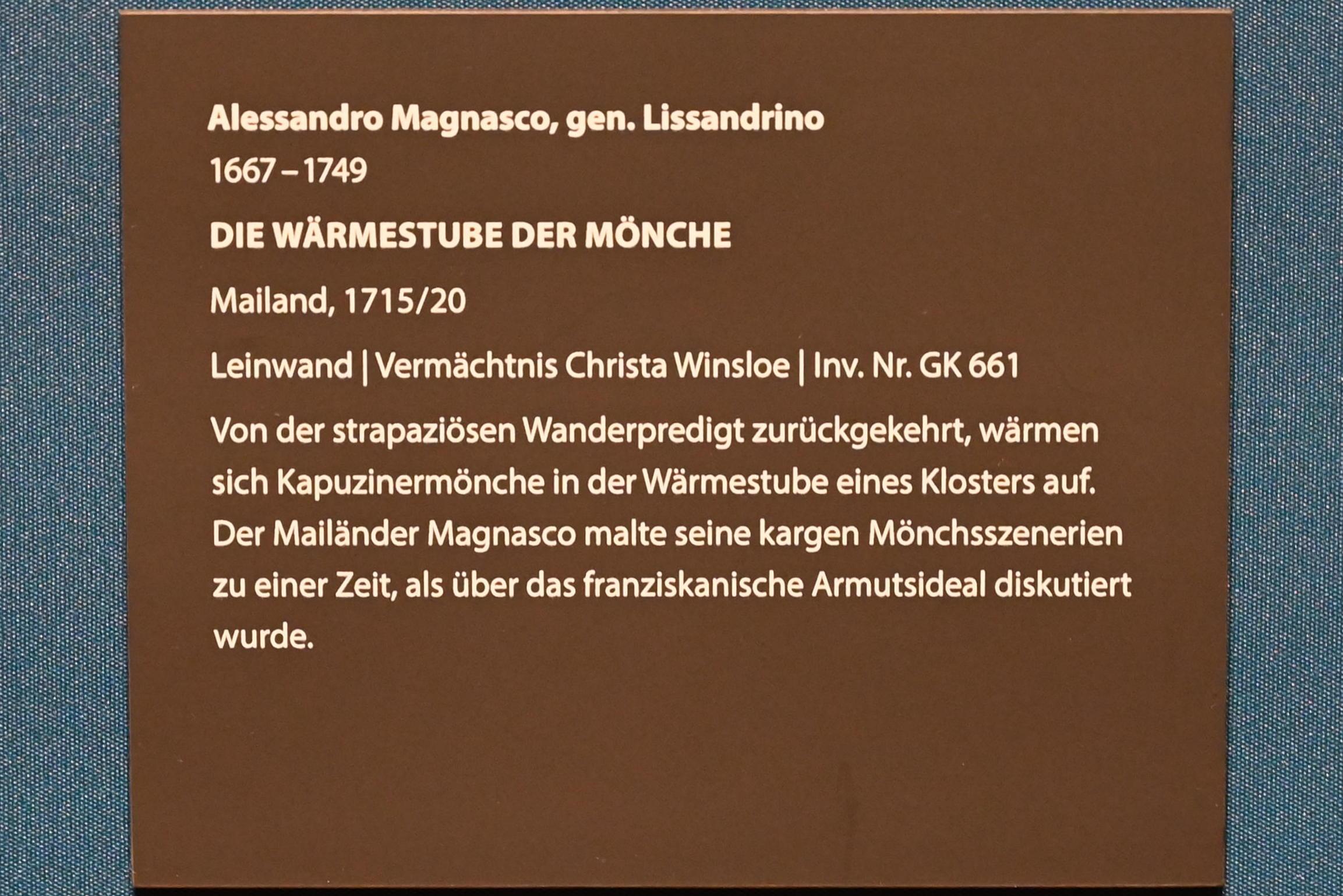 Alessandro Magnasco (1690–1737), Die Wärmestube der Mönche, Darmstadt, Hessisches Landesmuseum, Saal 3, 1715–1720, Bild 2/2
