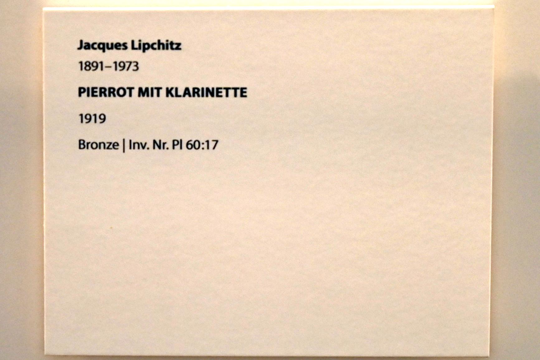 Jacques Lipchitz (1913–1938), Pierrot mit Klarinette, Darmstadt, Hessisches Landesmuseum, Saal 6, 1919, Bild 5/5