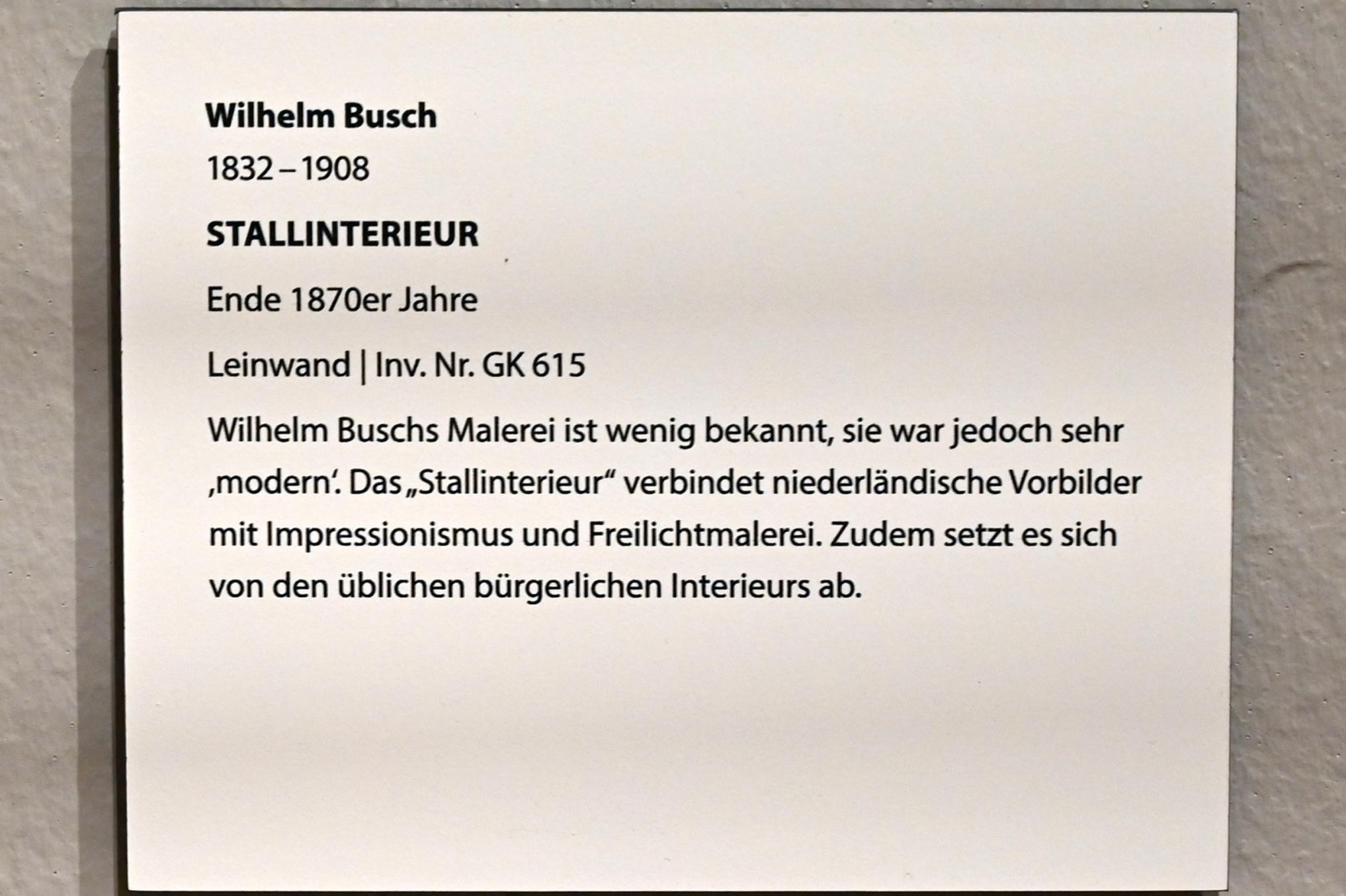 Wilhelm Busch (1873–1892), Stallinterieur, Darmstadt, Hessisches Landesmuseum, Saal 7, um 1877–1880, Bild 2/2
