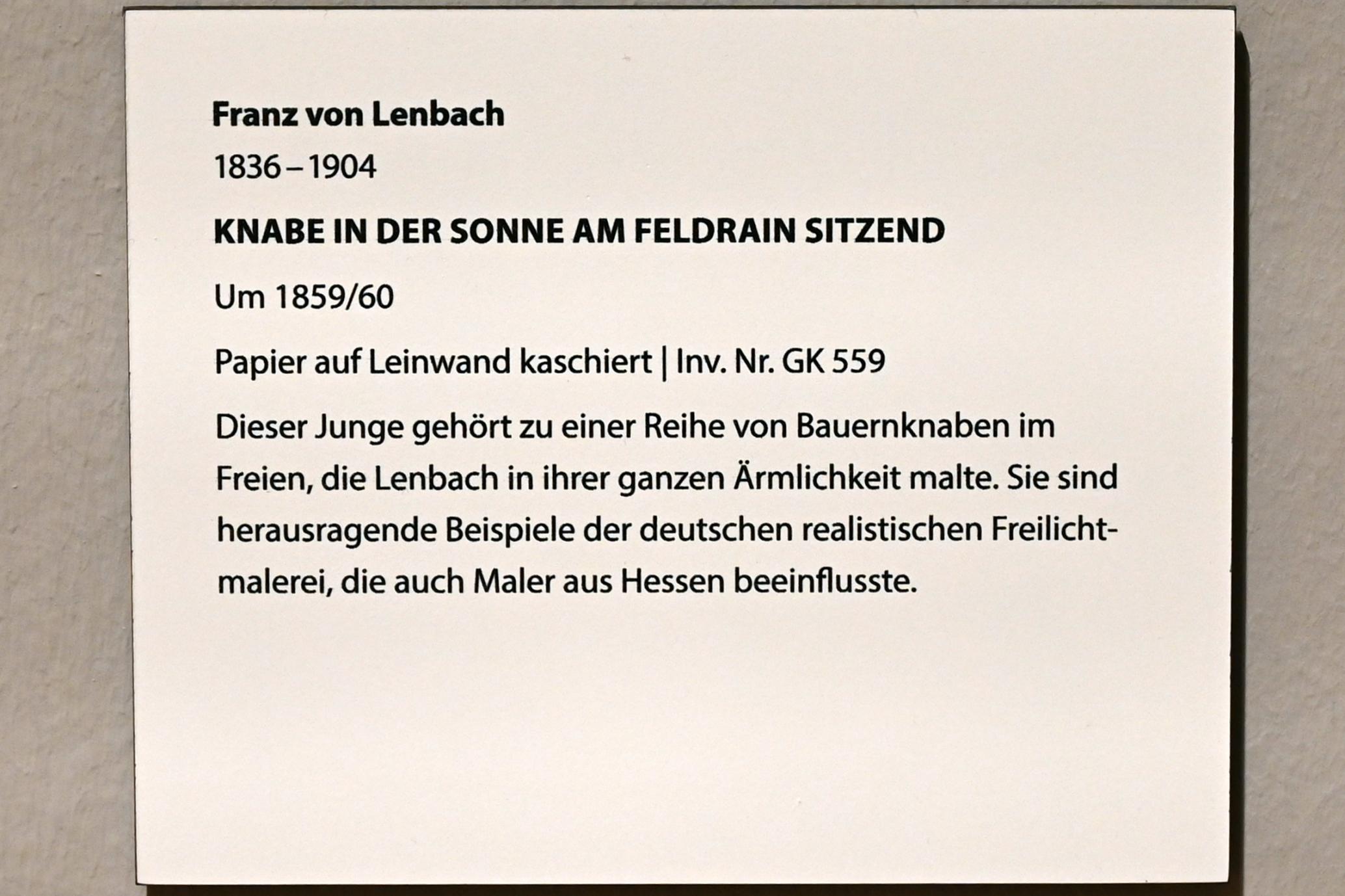 Franz von Lenbach (1858–1903), Knabe in der Sonne am Feldrain sitzend, Darmstadt, Hessisches Landesmuseum, Saal 7, um 1859–1860, Bild 2/2