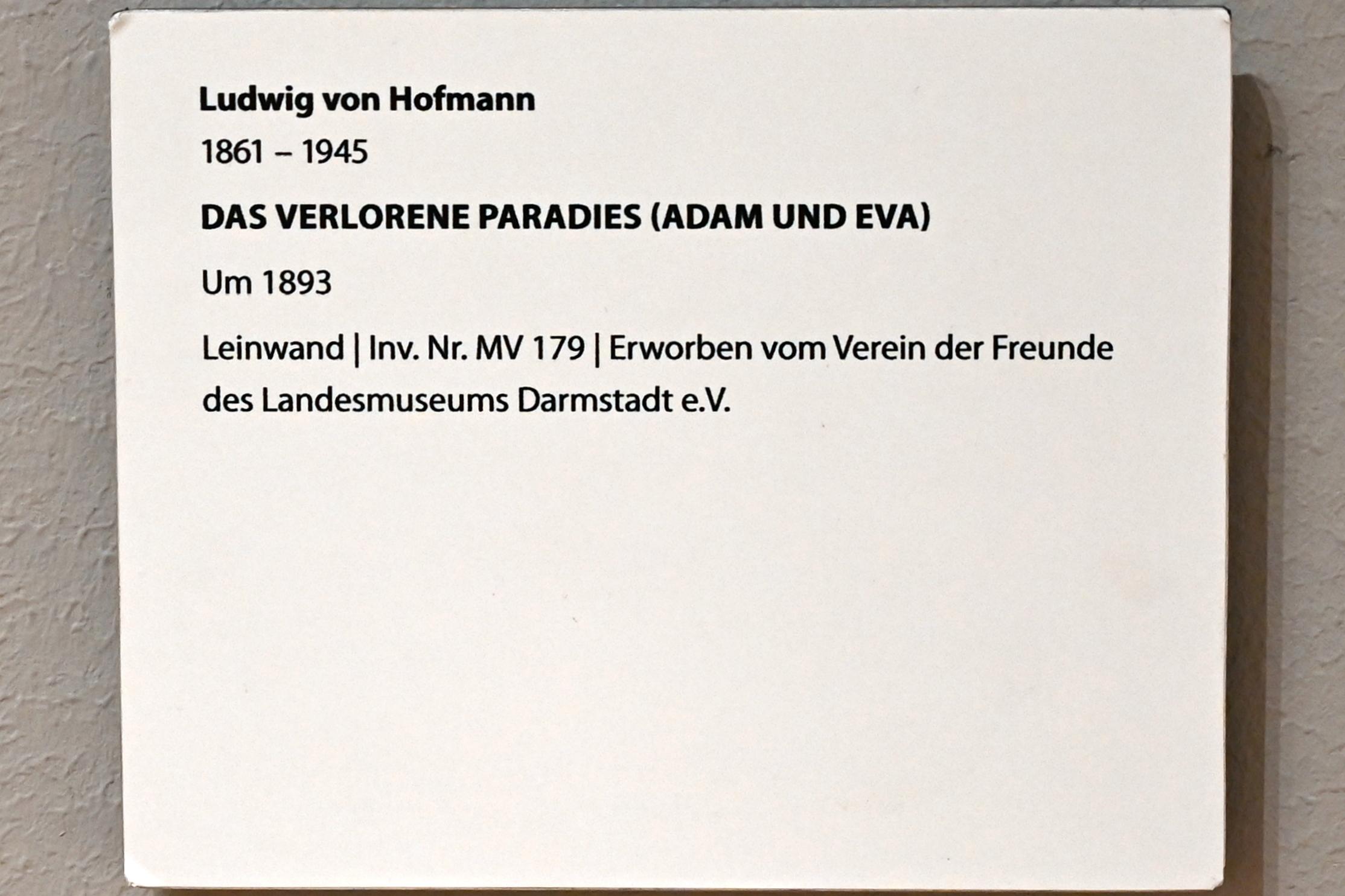 Ludwig von Hofmann (1889–1917), Das verlorene Paradies (Adam und Eva), Darmstadt, Hessisches Landesmuseum, Saal 7, um 1893, Bild 3/3