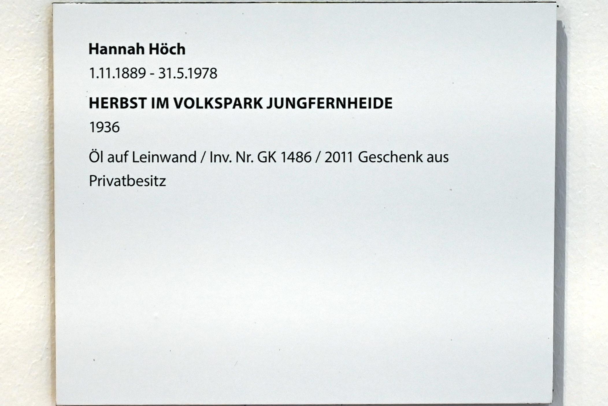 Hannah Höch (1919–1936), Herbst im Volkspark Jungfernheide, Darmstadt, Hessisches Landesmuseum, Saal 10, 1936, Bild 2/2