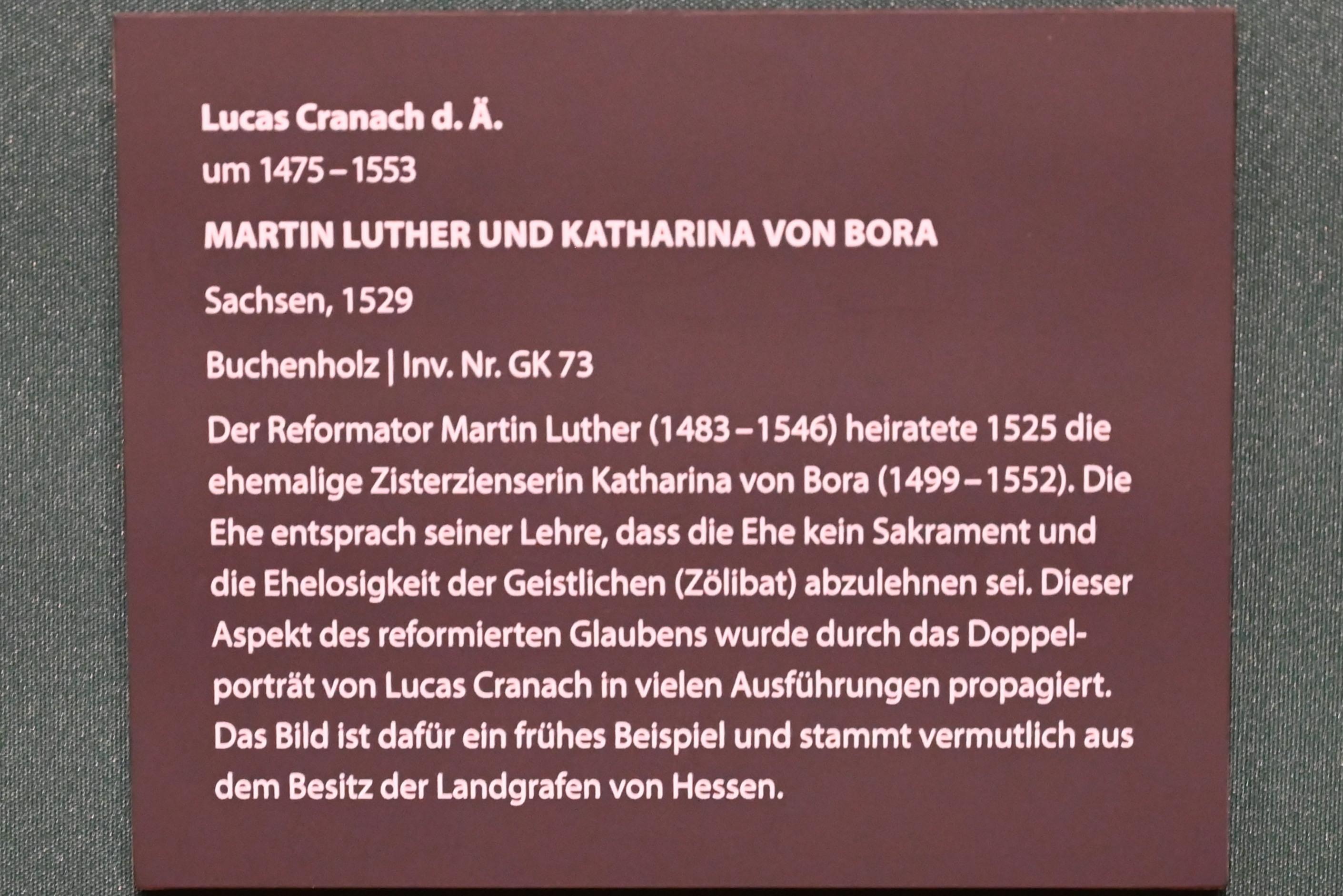 Lucas Cranach der Ältere (1502–1550), Martin Luther und Katharina von Bora, Darmstadt, Hessisches Landesmuseum, Saal 13, 1529, Bild 2/2