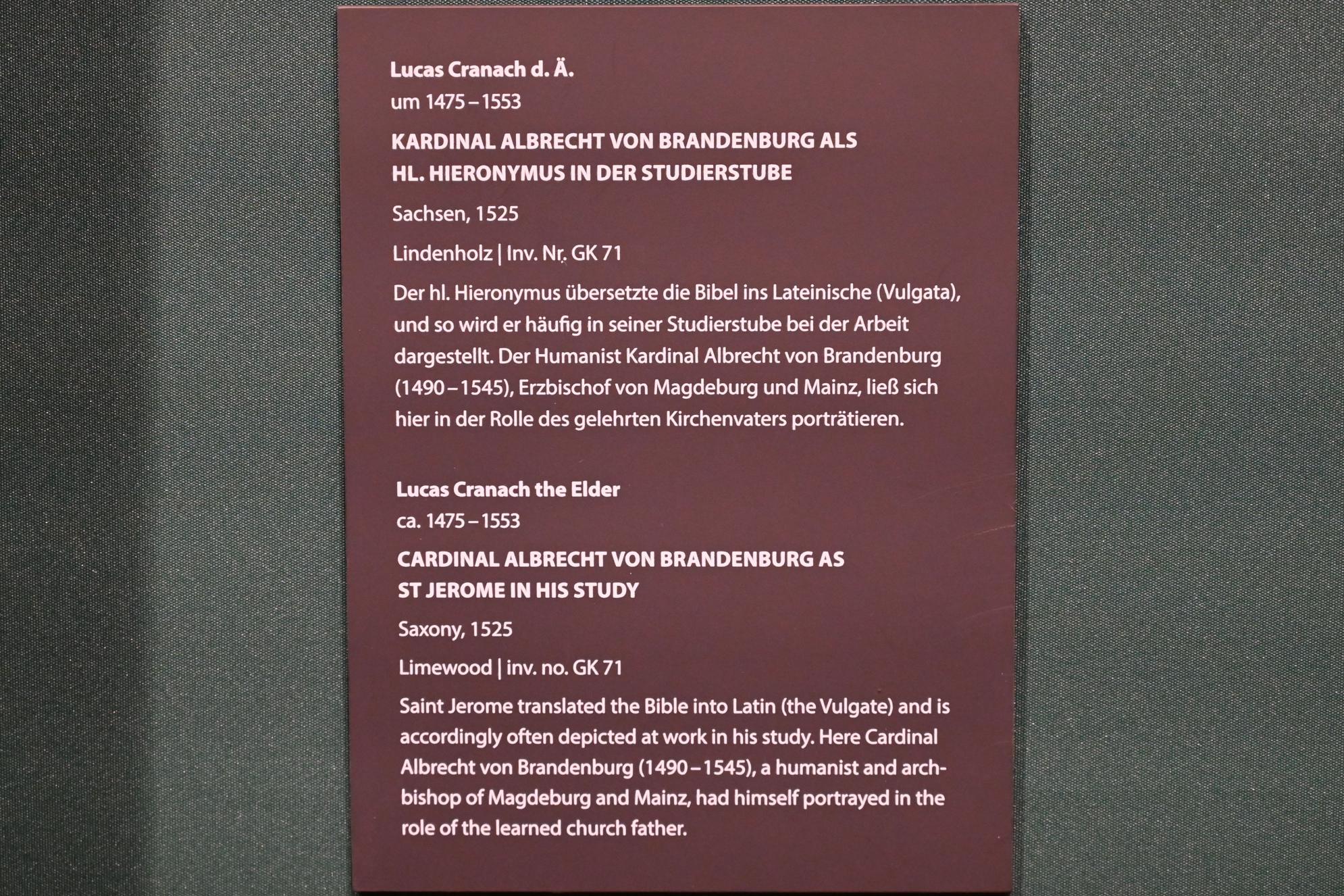 Lucas Cranach der Ältere (1502–1550), Kardinal Albrecht von Brandenburg als hl. Hieronymus in der Studierstube, Darmstadt, Hessisches Landesmuseum, Saal 13, 1525, Bild 2/2