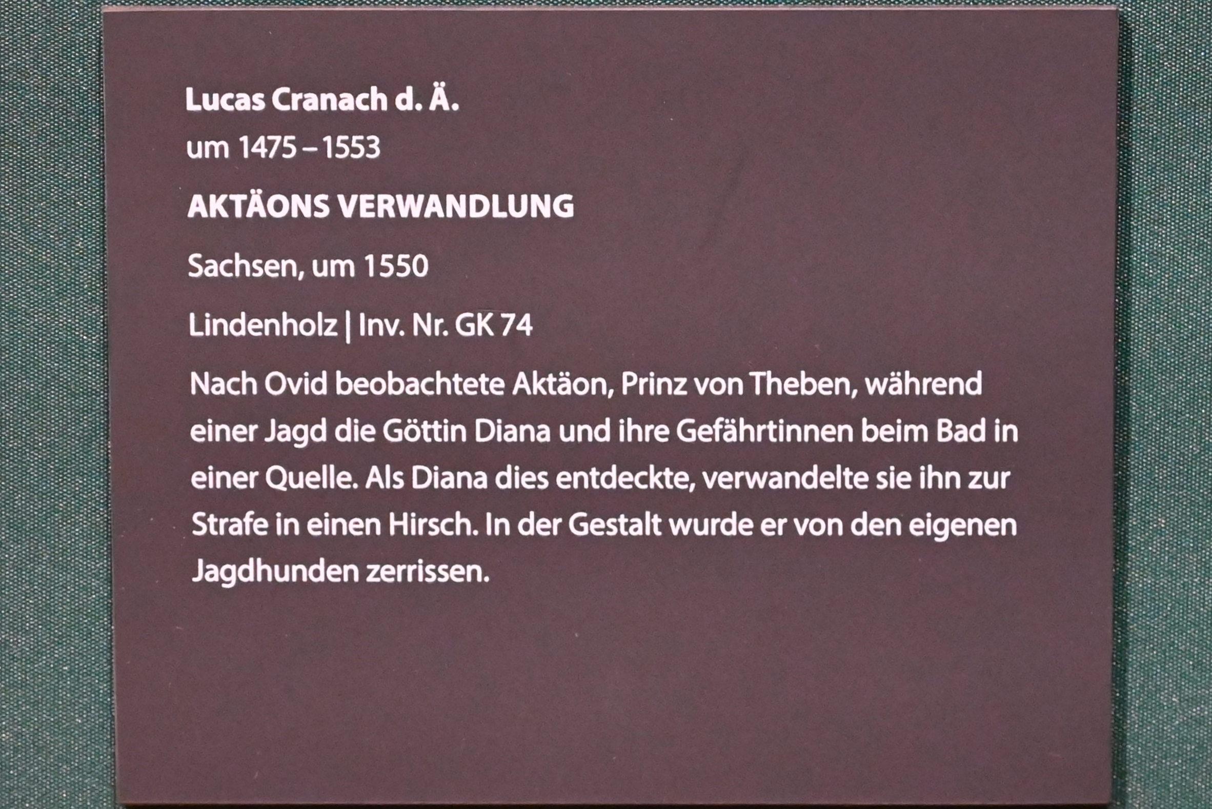 Lucas Cranach der Ältere (1502–1550), Aktäons Verwandlung, Darmstadt, Hessisches Landesmuseum, Saal 13, um 1550, Bild 2/2