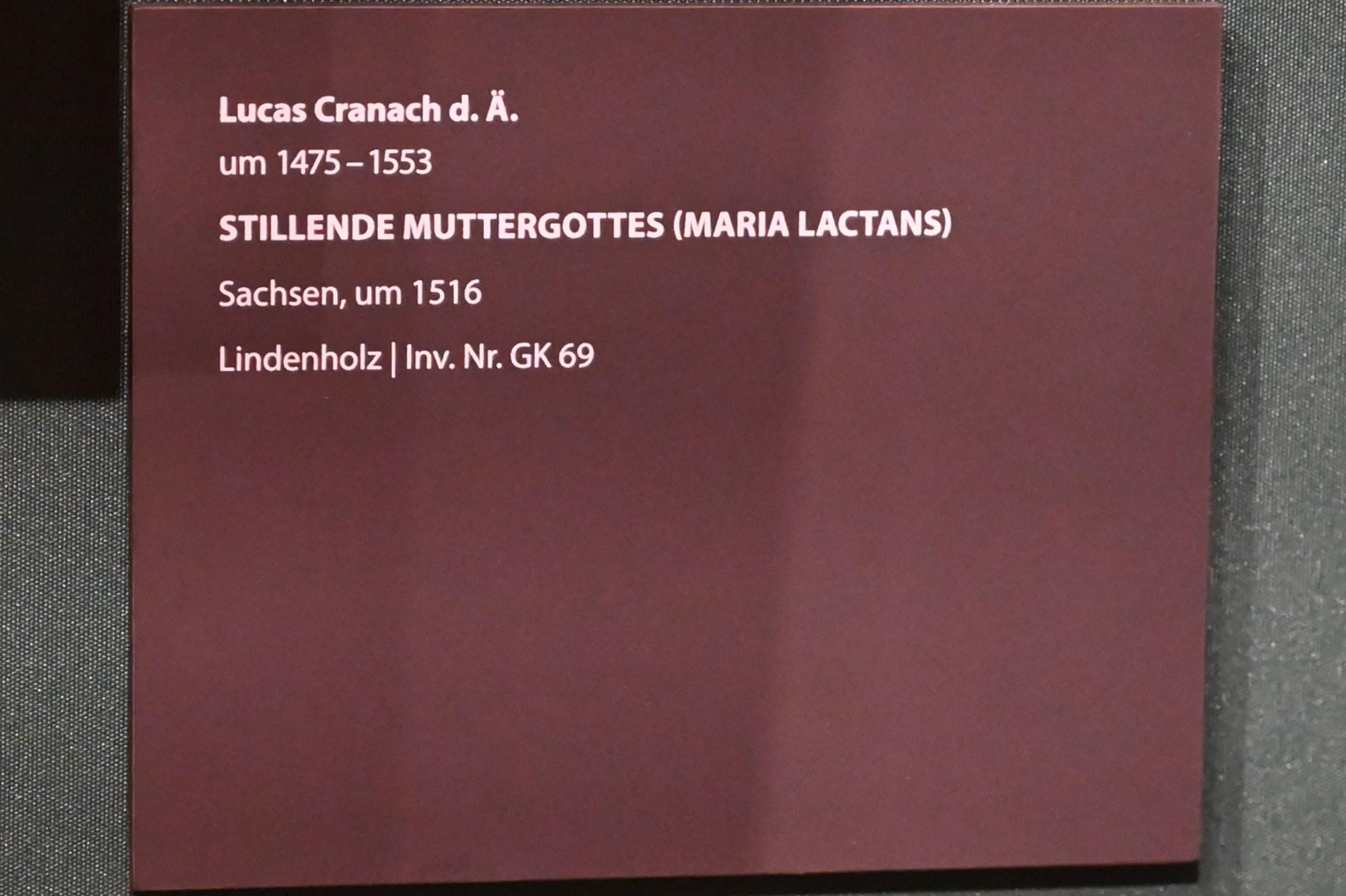 Lucas Cranach der Ältere (1502–1550), Stillende Muttergottes (Maria Lactans), Darmstadt, Hessisches Landesmuseum, Saal 13, um 1516, Bild 2/2