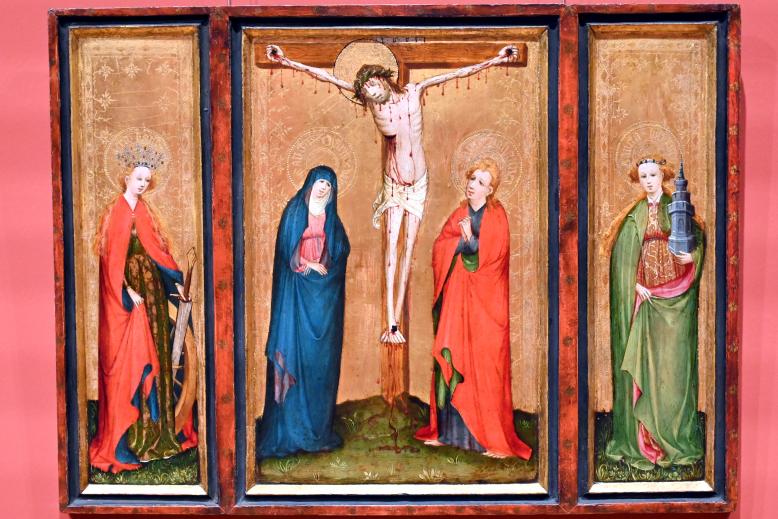 Meister des älteren Sippenaltars (1415–1417): Kleines Flügelaltärchen mit Kreuzigung, Katharina und Barbara, um 1415–1420