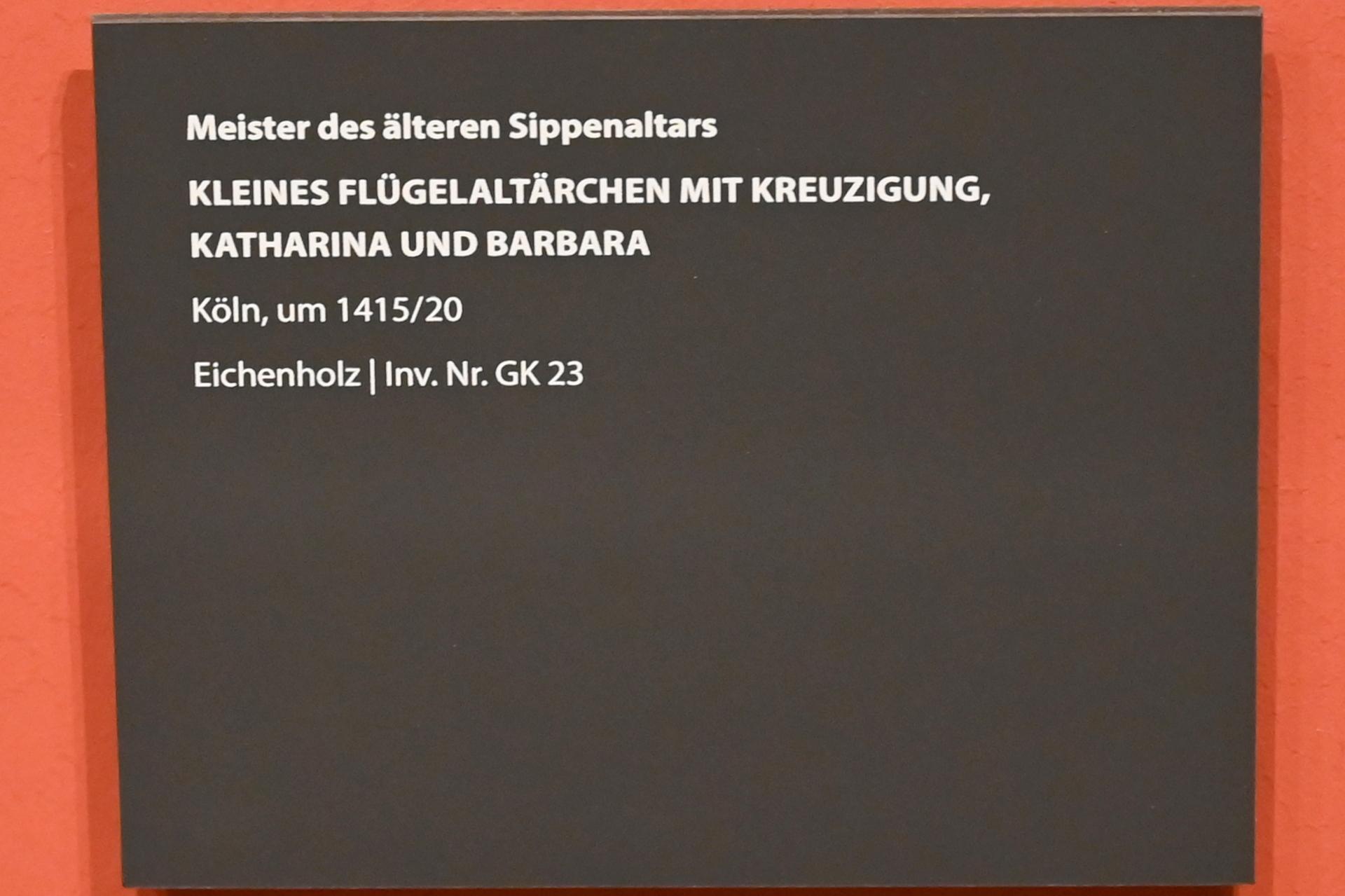 Meister des älteren Sippenaltars (1415–1417), Kleines Flügelaltärchen mit Kreuzigung, Katharina und Barbara, Darmstadt, Hessisches Landesmuseum, Saal 14, um 1415–1420, Bild 2/2