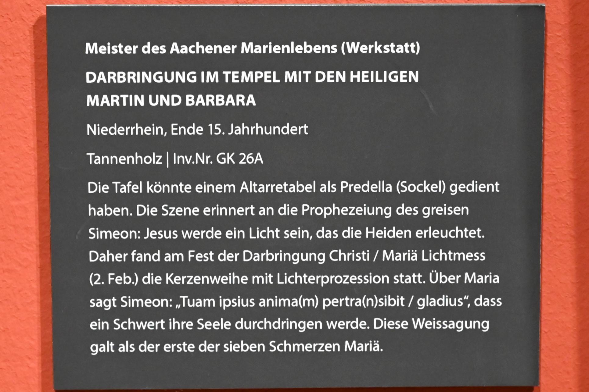 Meister des Aachener Marienlebens (Meister der Aachener Schranktüren) (Werkstatt) (1495), Darbringung im Tempel mit den heiligen Martin und Barbara, Darmstadt, Hessisches Landesmuseum, Saal 14, Ende 15. Jhd., Bild 2/2
