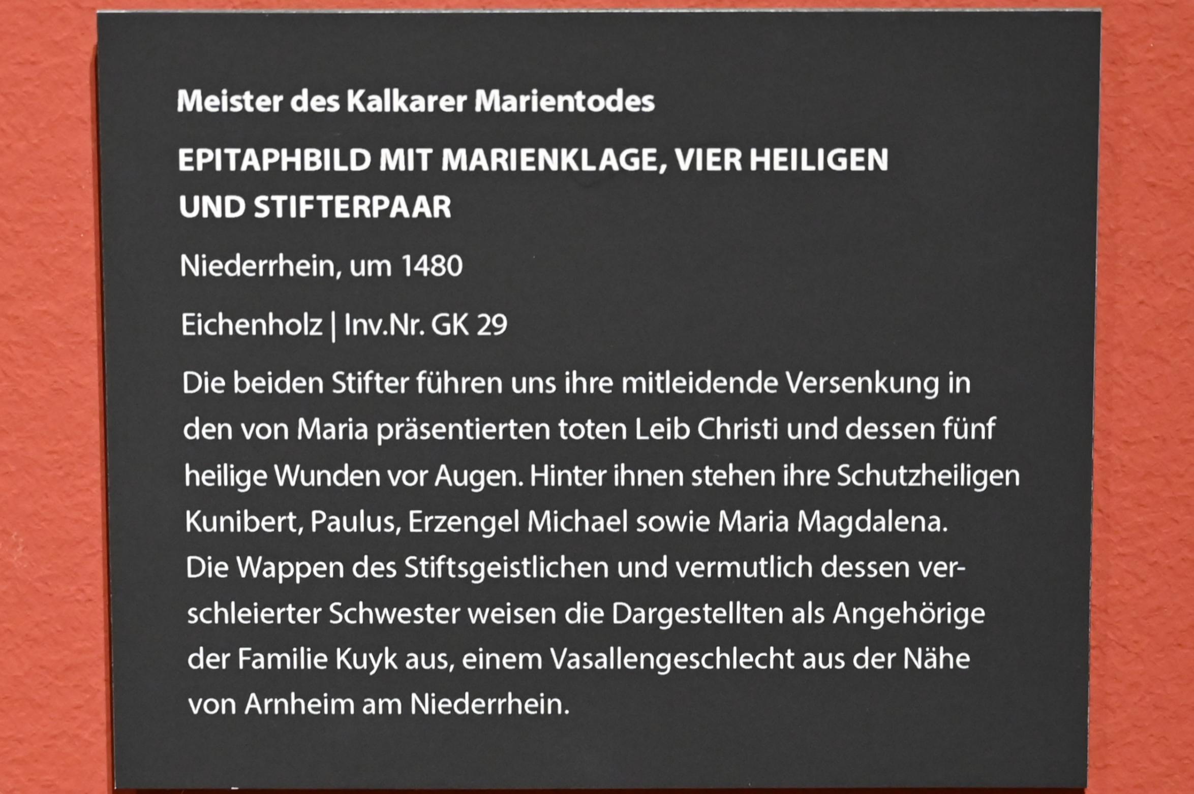 Meister des Kalkarer Marientodes (1480), Epitaphbild mit Marienklage, vier Heiligen und Stifterpaar, Darmstadt, Hessisches Landesmuseum, Saal 14, um 1480, Bild 2/2