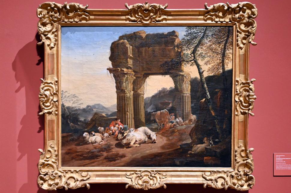 Johann Heinrich Roos: Italienische Hirtenlandschaft mit dem Tempel des Vespasian, 1668