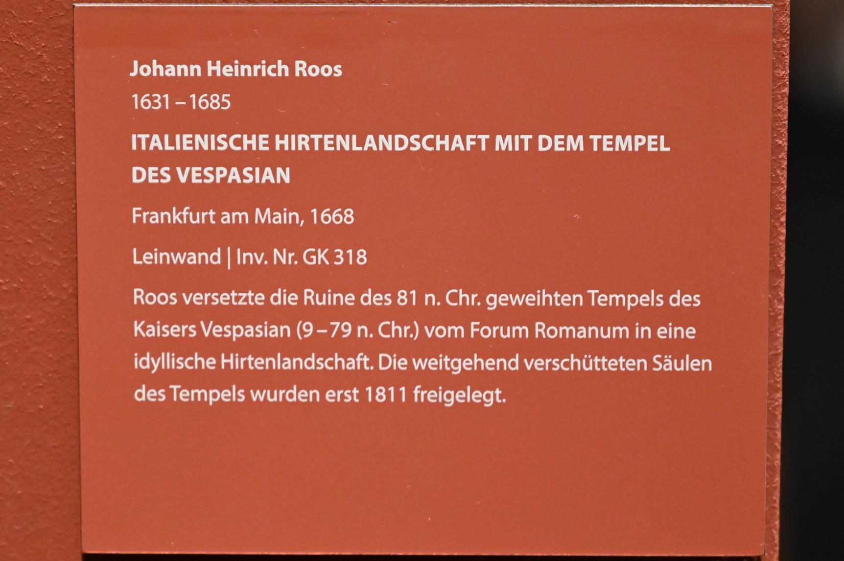 Johann Heinrich Roos (1660–1685), Italienische Hirtenlandschaft mit dem Tempel des Vespasian, Darmstadt, Hessisches Landesmuseum, Rezeption der Antike, 1668, Bild 2/2