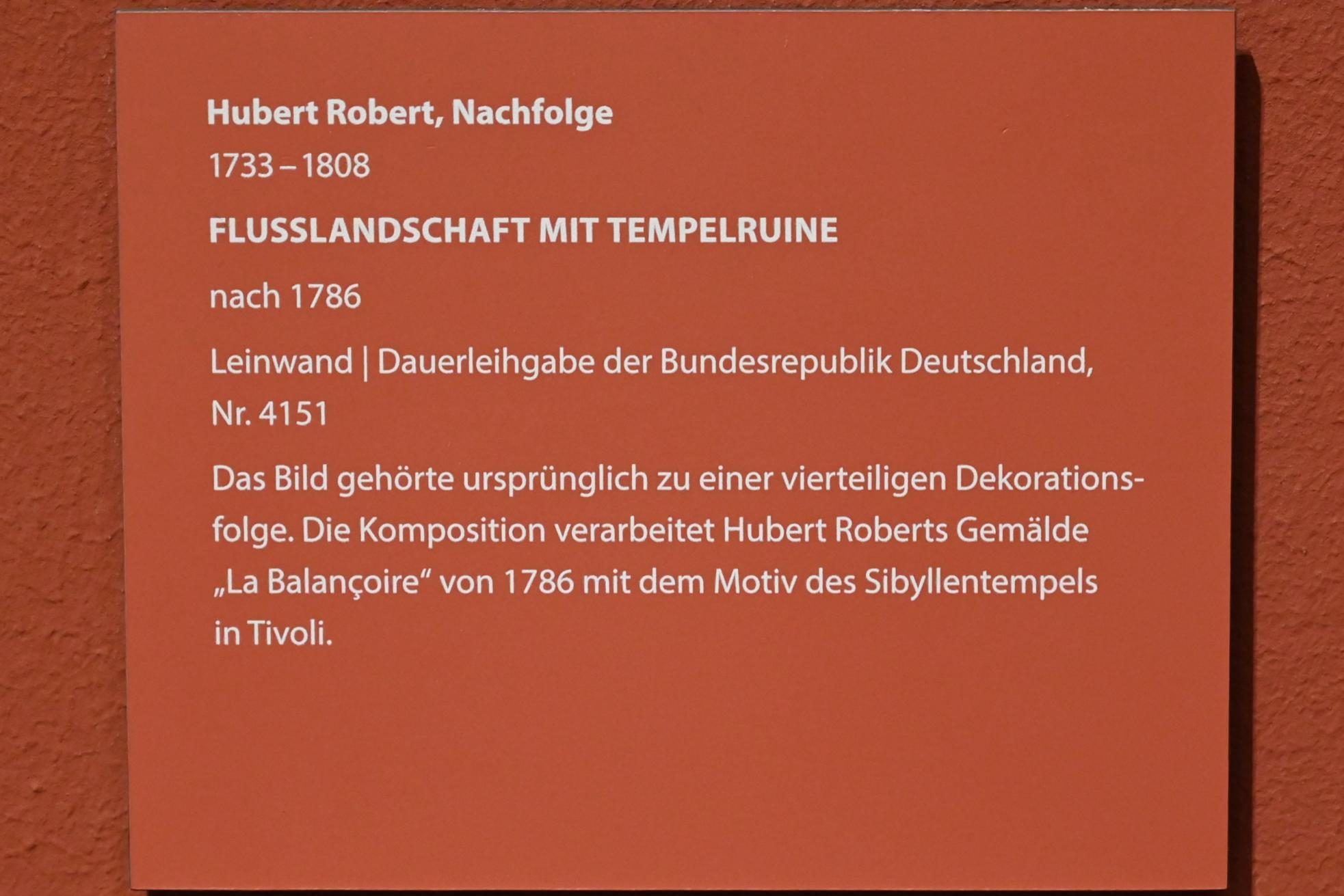 Hubert Robert (Nachfolger) (1787), Flusslandschaft mit Tempelruine, Darmstadt, Hessisches Landesmuseum, Rezeption der Antike, nach 1786, Bild 2/2