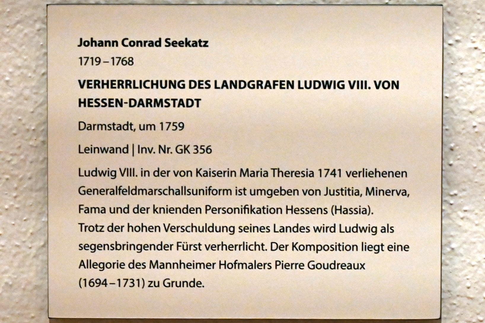 Johann Conrad Seekatz (1754–1762), Verherrlichung des Landgrafen Ludwig VIII. von Hessen-Darmstadt, Darmstadt, Hessisches Landesmuseum, Waffensaal, um 1759, Bild 2/2