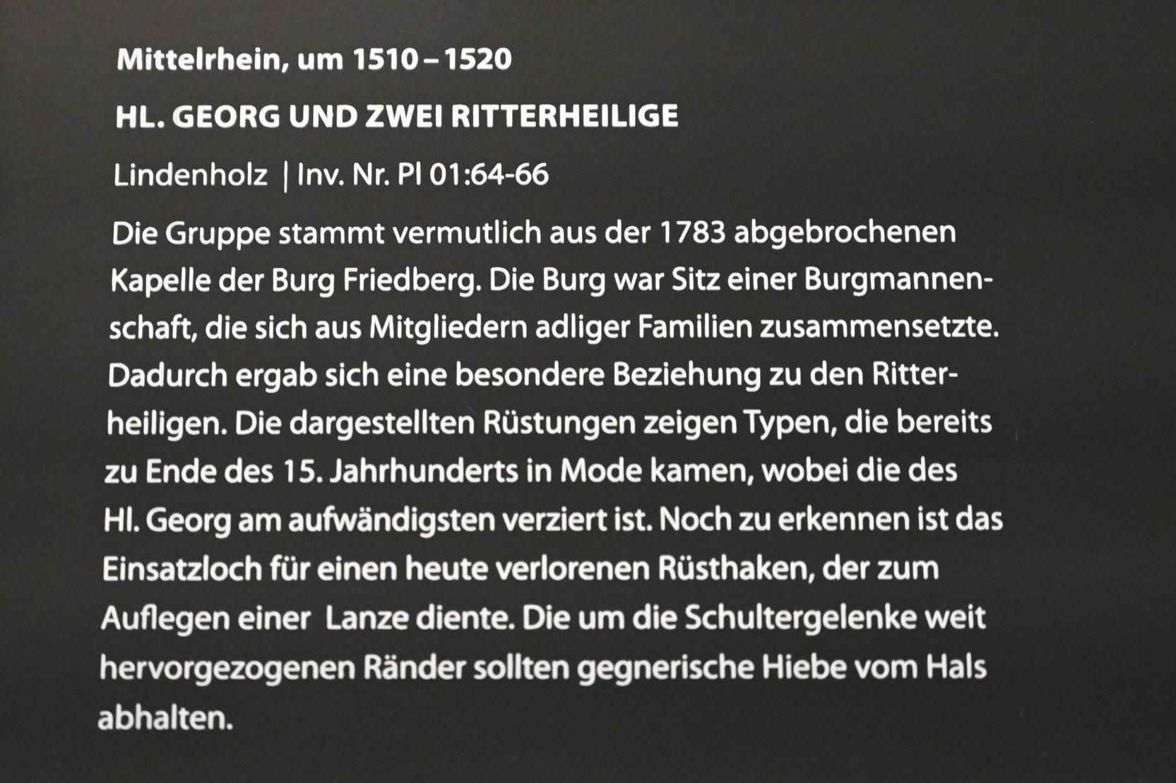 Hl. Georg und zwei Ritterheilige, Friedberg, Burg Friedberg, jetzt Darmstadt, Hessisches Landesmuseum, Waffensaal, um 1510–1520, Bild 2/2