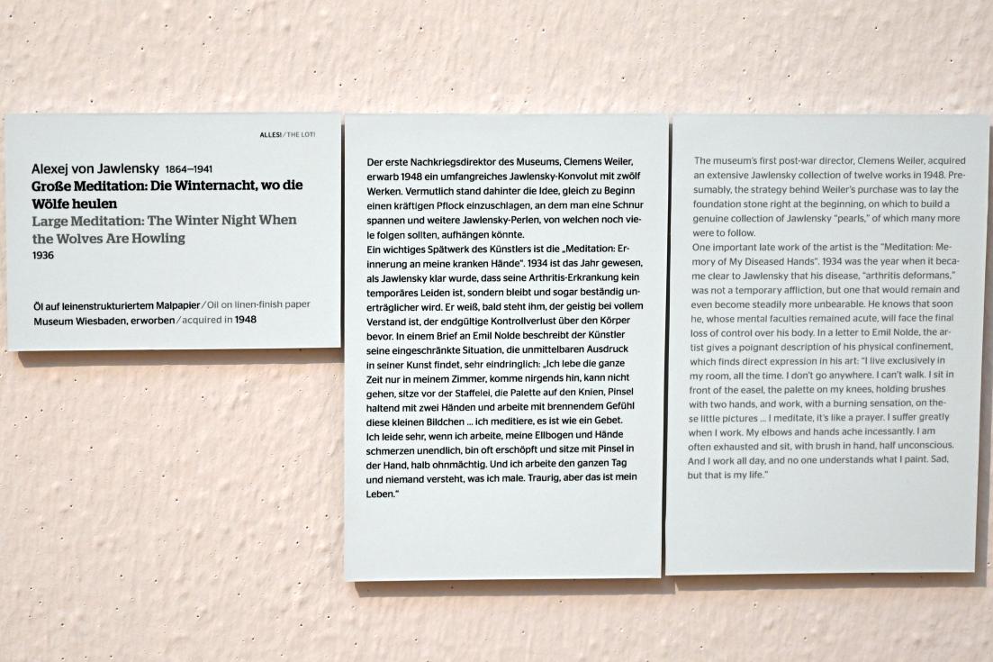 Alexej von Jawlensky (1893–1938), Große Meditation: Die Winternacht, wo die Wölfe heulen, Wiesbaden, Museum Wiesbaden, Ausstellung "Alles! 100 Jahre Jawlensky in Wiesbaden" vom 17.09.-26.06.2022, Saal 2, 1936, Bild 2/2