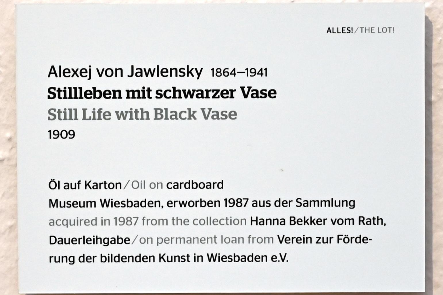 Alexej von Jawlensky (1893–1938), Stillleben mit schwarzer Vase, Wiesbaden, Museum Wiesbaden, Ausstellung "Alles! 100 Jahre Jawlensky in Wiesbaden" vom 17.09.-26.06.2022, Saal 10, 1909, Bild 2/2
