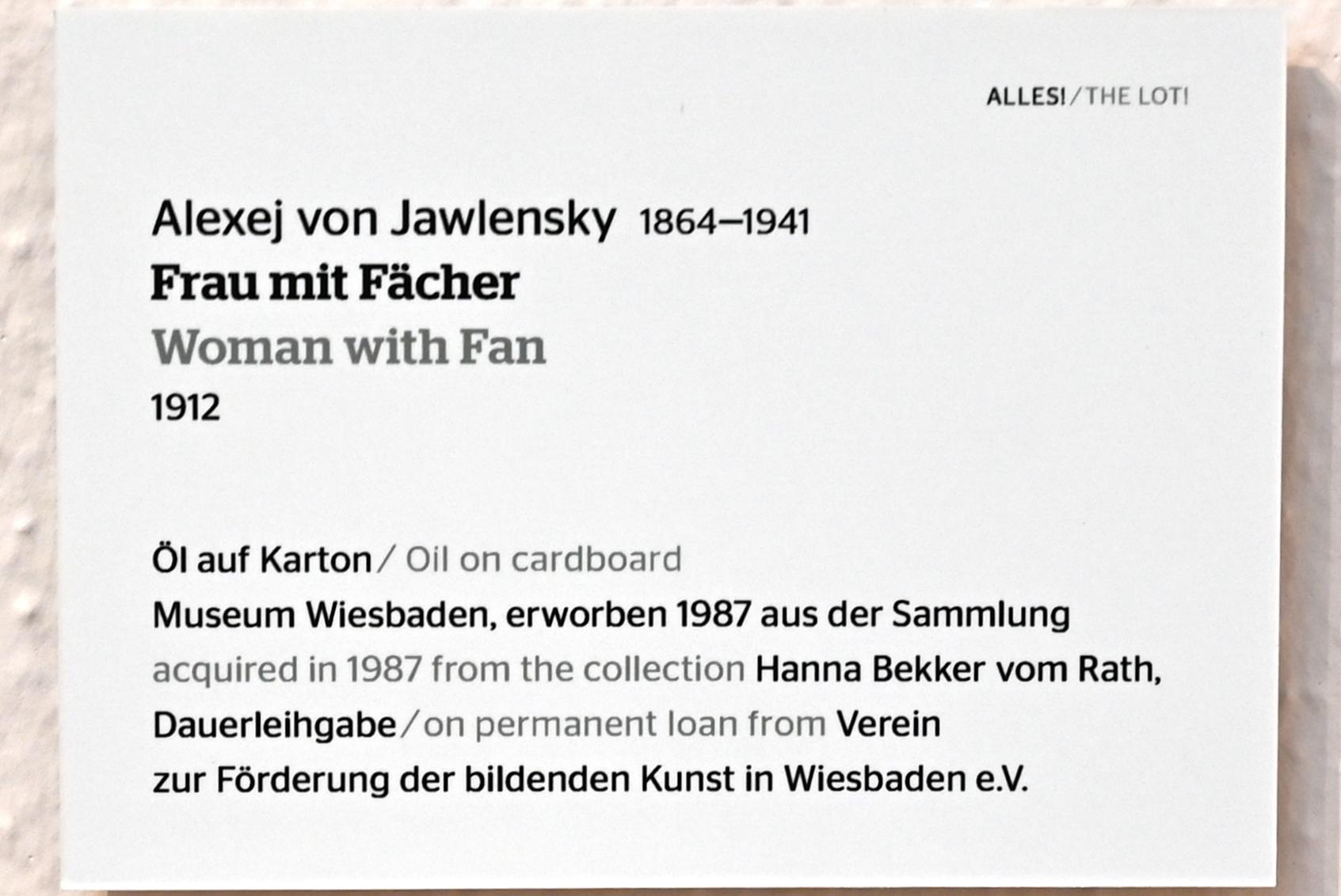Alexej von Jawlensky (1893–1938), Frau mit Fächer, Wiesbaden, Museum Wiesbaden, Ausstellung "Alles! 100 Jahre Jawlensky in Wiesbaden" vom 17.09.-26.06.2022, Saal 12, 1912, Bild 2/2