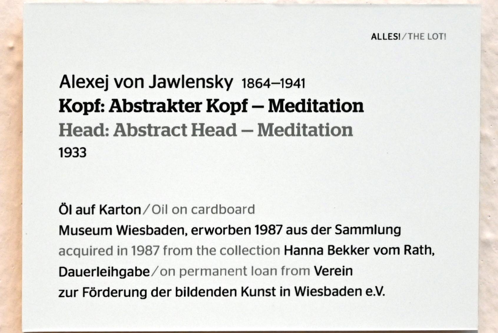 Alexej von Jawlensky (1893–1938), Kopf: Abstrakter Kopf - Meditation, Wiesbaden, Museum Wiesbaden, Ausstellung "Alles! 100 Jahre Jawlensky in Wiesbaden" vom 17.09.-26.06.2022, Saal 12, 1933, Bild 2/2