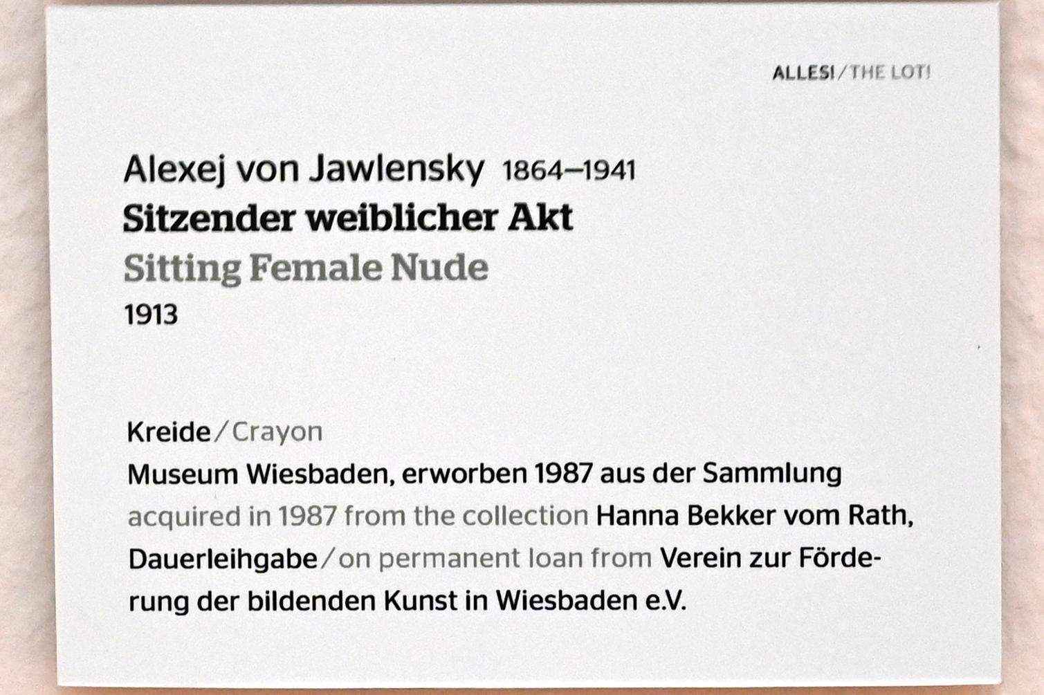 Alexej von Jawlensky (1893–1938), Sitzender weiblicher Akt, Wiesbaden, Museum Wiesbaden, Ausstellung "Alles! 100 Jahre Jawlensky in Wiesbaden" vom 17.09.-26.06.2022, Saal 13, 1913, Bild 2/2