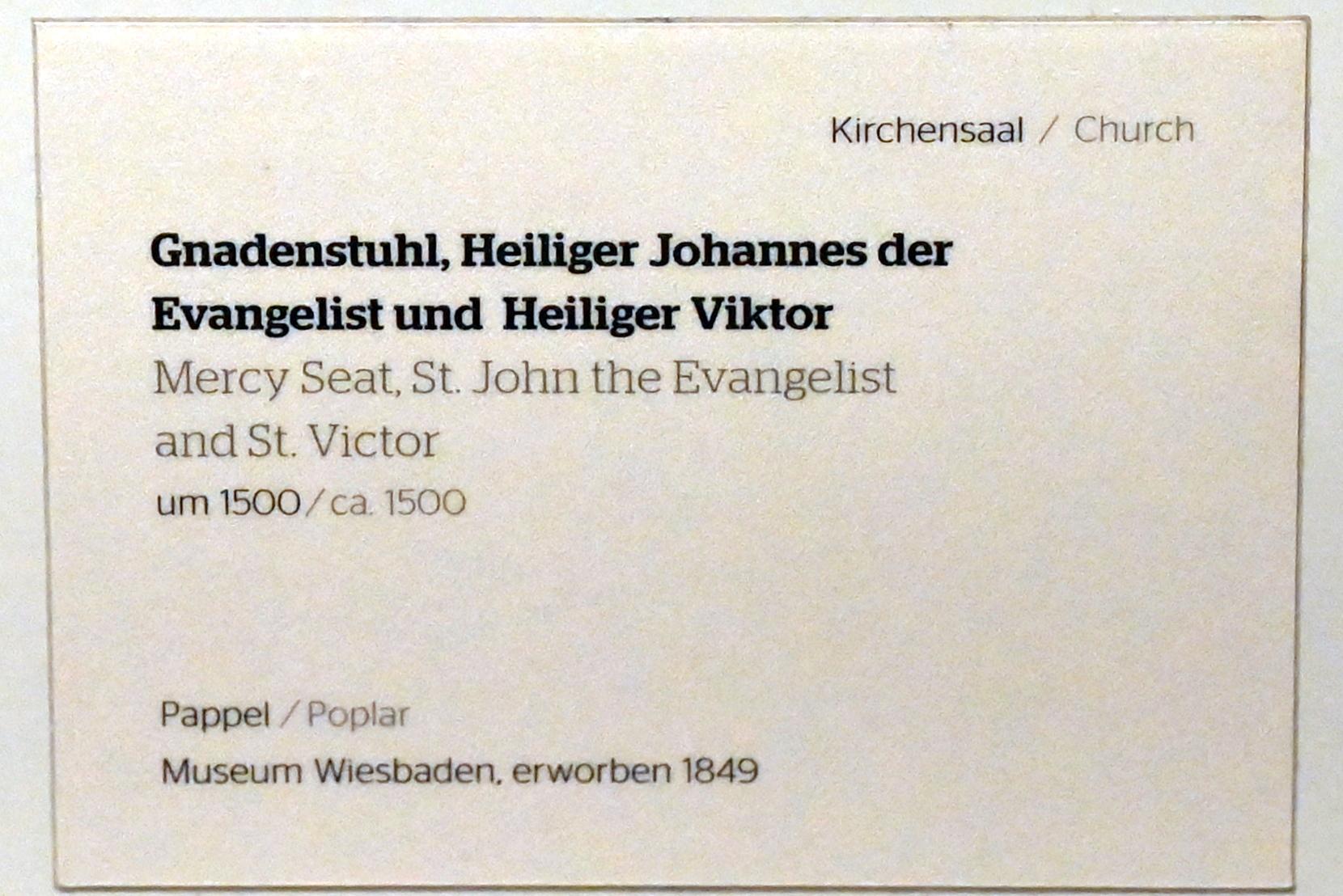 Gnadenstuhl, Heiliger Johannes der Evangelist und Heiliger Viktor, Wiesbaden, Museum Wiesbaden, Kirchensaal, um 1500, Bild 5/5