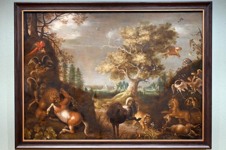 Roelant Savery (1602–1634), Waldlandschaft mit kämpfenden Tieren, Wiesbaden, Museum Wiesbaden, Das Goldene Zeitalter, um 1620