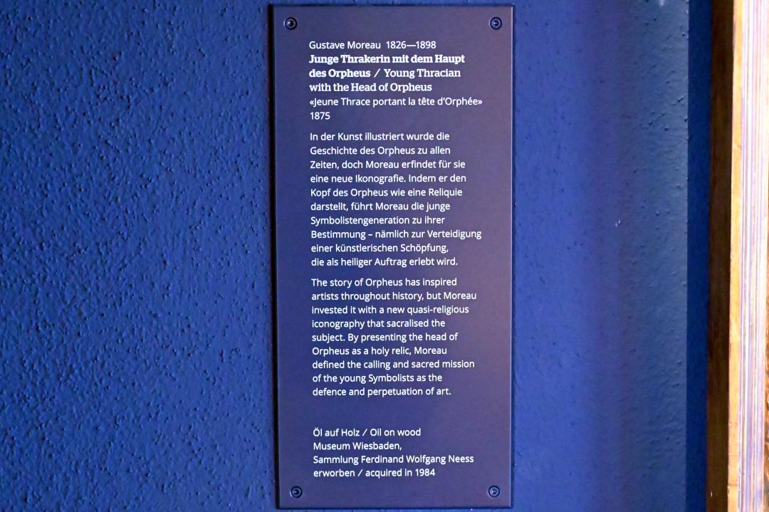Gustave Moreau (1853–1896), Junge Thrakerin mit dem Haupt des Orpheus, Wiesbaden, Museum Wiesbaden, Jugendstil, 1875, Bild 2/2