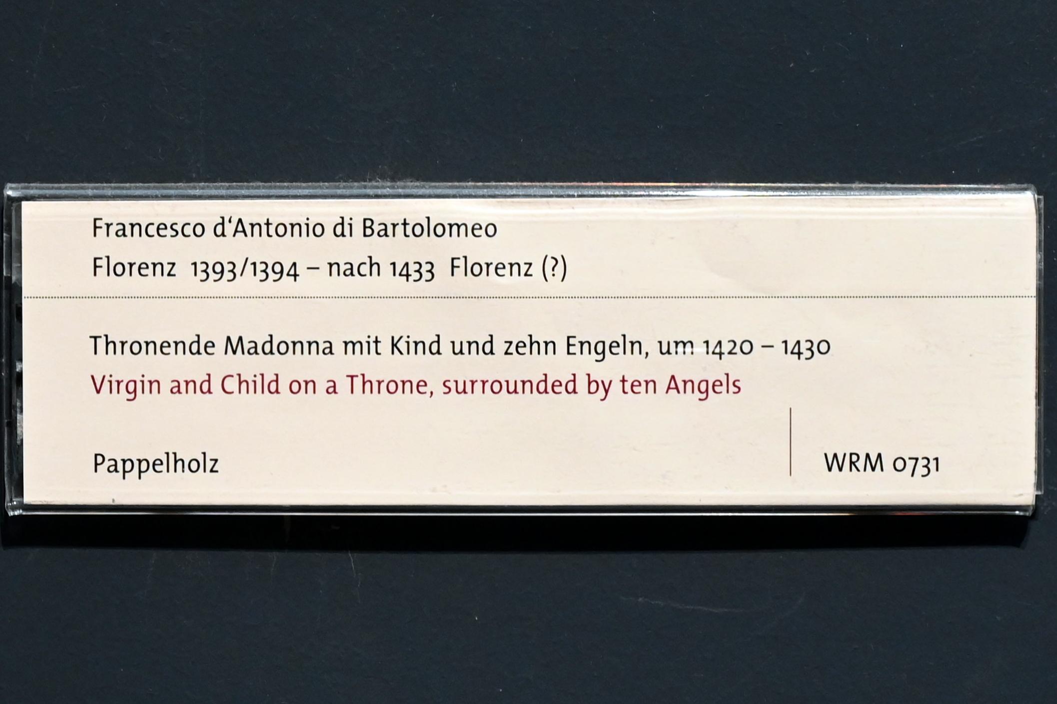 Francesco di Antonio di Bartolomeo (1425–1433), Thronende Madonna mit Kind und zehn Engeln, Köln, Wallraf-Richartz-Museum, Mittelalter - Saal 1, um 1420–1430, Bild 2/2