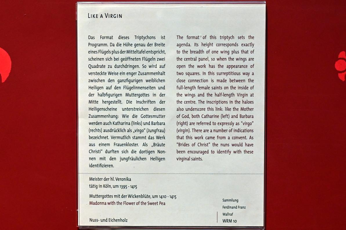 Meister der hl. Veronika (1400–1425), Muttergottes mit der Wickenblüte, Köln, Wallraf-Richartz-Museum, Mittelalter - Saal 5, um 1410–1415, Bild 2/2