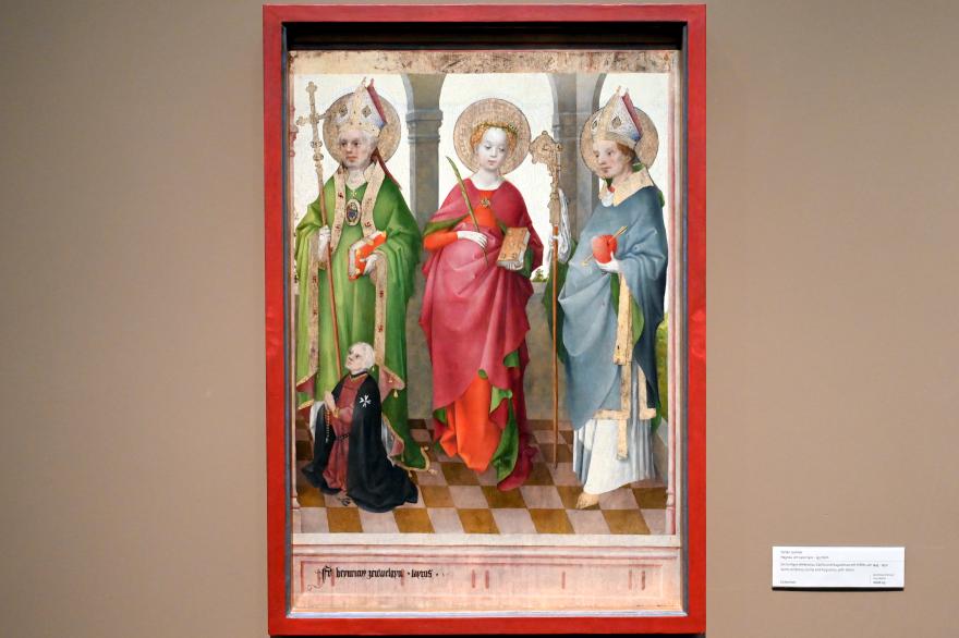 Stefan Lochner (Stephan Lochner) (1435–1450), Die heiligen Ambrosius, Cäcilia und Augustinus mit Stifter, Köln, Wallraf-Richartz-Museum, Mittelalter - Saal 6, um 1445–1450