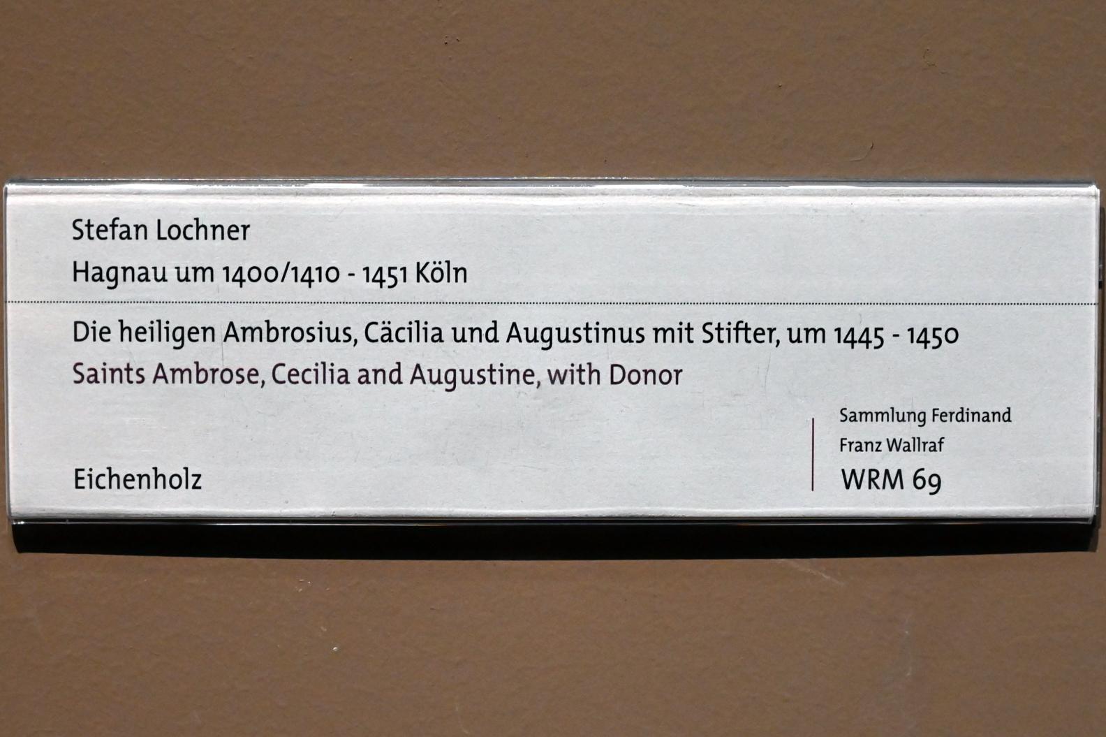 Stefan Lochner (Stephan Lochner) (1435–1450), Die heiligen Ambrosius, Cäcilia und Augustinus mit Stifter, Köln, Wallraf-Richartz-Museum, Mittelalter - Saal 6, um 1445–1450, Bild 2/2