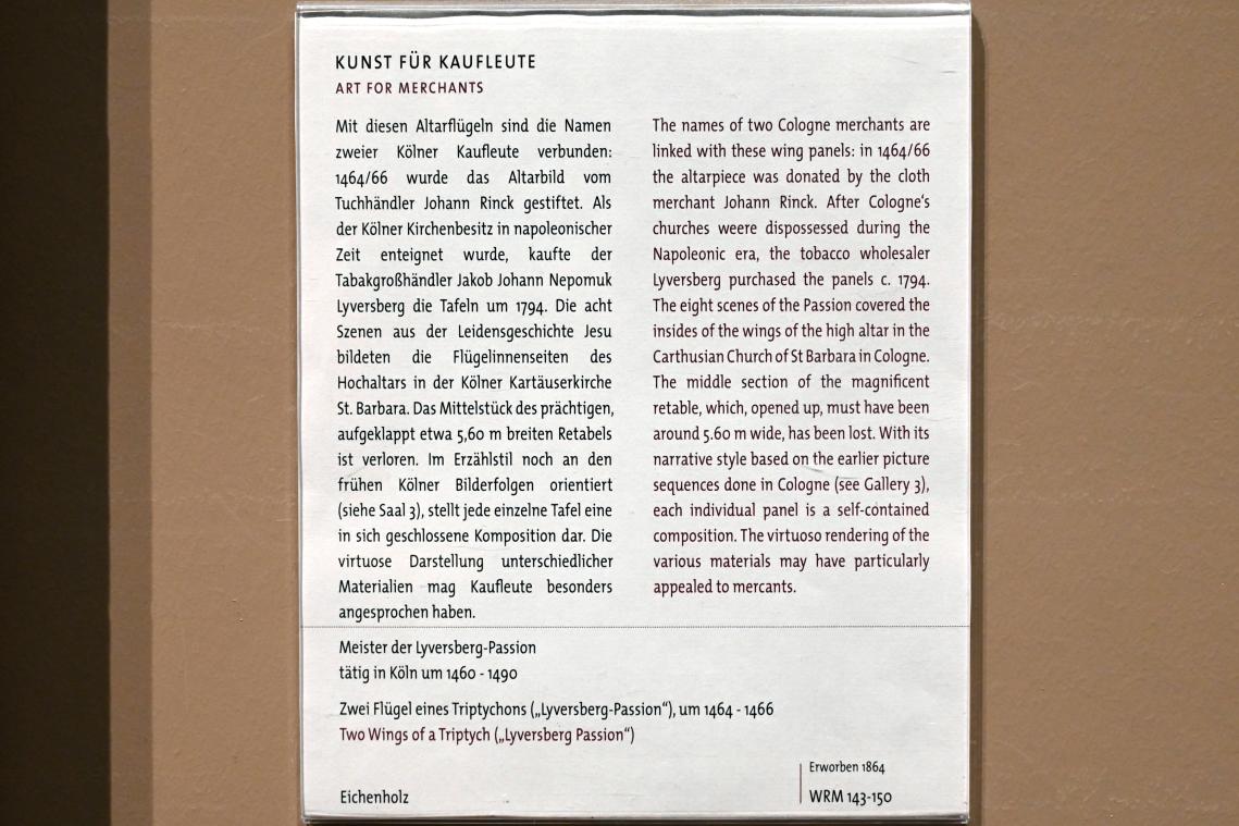 Meister der Lyversberg-Passion (1465–1467), Zwei Flügel eines Triptychons ("Lyversberg-Passion"), Köln, Kölner Kartause St. Barbara, jetzt Köln, Wallraf-Richartz-Museum, Mittelalter - Saal 7, um 1464–1466, Bild 3/3