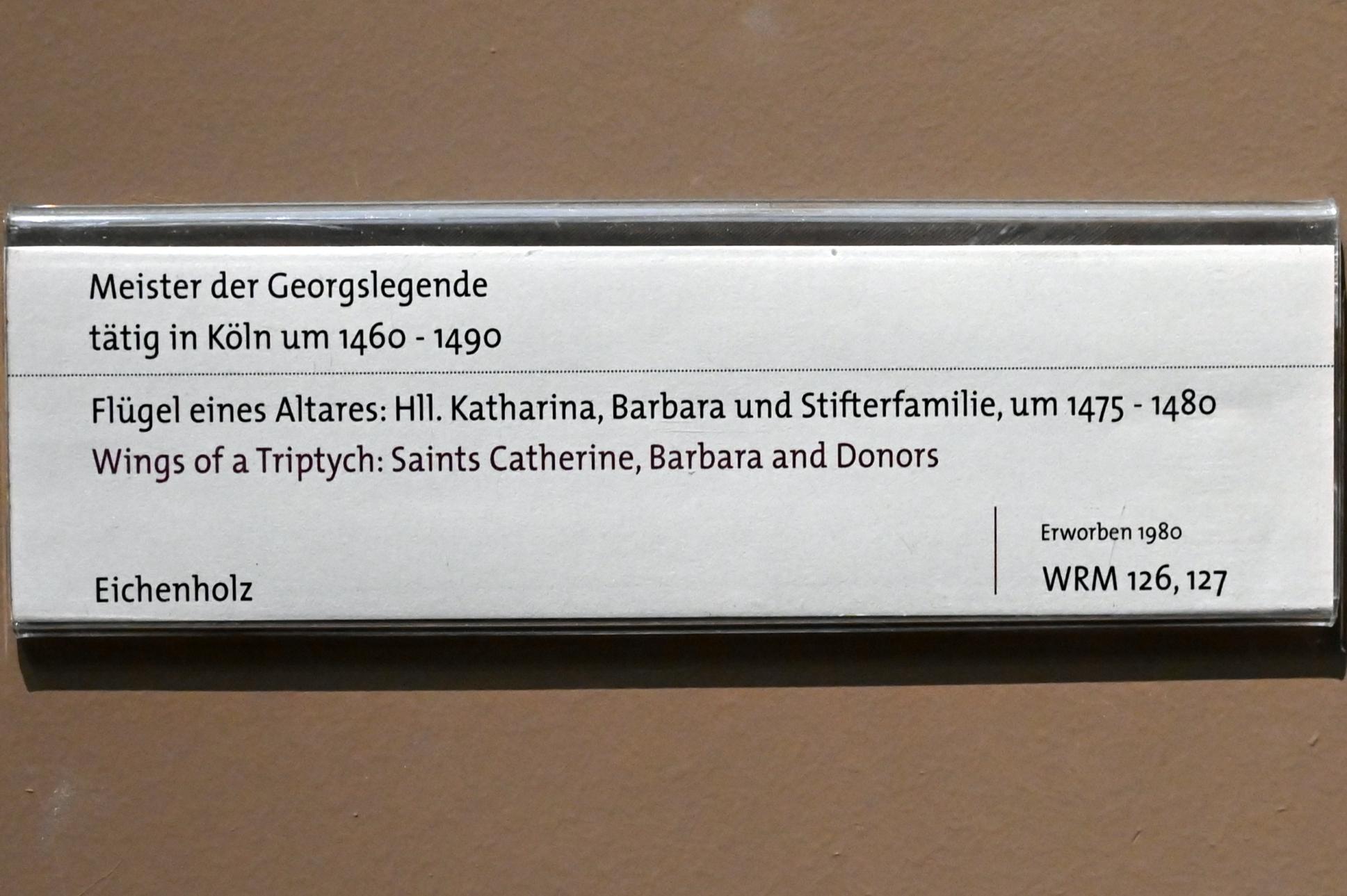 Meister der Georgslegende (1465–1485), Flügel eines Altares: Die Hll. Katharina, Barbara und Stifterfamilie, Köln, Wallraf-Richartz-Museum, Mittelalter - Saal 7, um 1475–1480, Bild 2/2