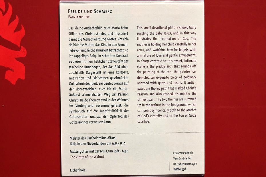 Meister des Bartholomäusaltars (1477–1507), Muttergottes mit der Nuss, Köln, Wallraf-Richartz-Museum, Mittelalter - Saal 11, um 1485–1490, Bild 2/2
