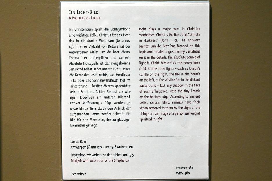 Jan de Beer (1501–1520), Triptychon mit Anbetung der Hirten, Köln, Wallraf-Richartz-Museum, Mittelalter - Saal 12, um 1515, Bild 2/2
