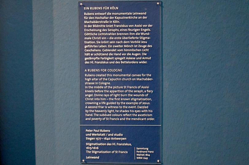 Peter Paul Rubens (1598–1640), Stigmatisation des Hl. Franziskus, Köln, ehem. Benediktinerinnenkloster zu den heiligen Makkabäern, jetzt Köln, Wallraf-Richartz-Museum, Barock - Saal 2, 1615–1616, Bild 2/2