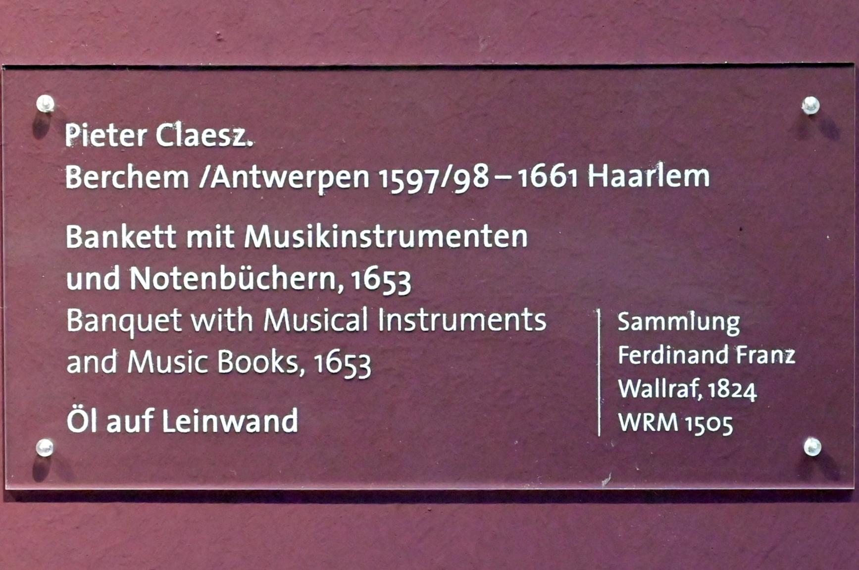 Pieter Claesz (1623–1660), Bankett mit Musikinstrumenten und Notenbüchern, Köln, Wallraf-Richartz-Museum, Barock - Saal 4, 1653, Bild 2/2