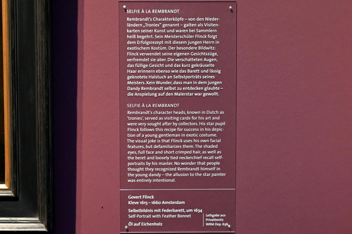 Govaert Flinck (1634–1645), Selbstbildnis mit Federbarett, Köln, Wallraf-Richartz-Museum, Barock - Saal 4, um 1634, Bild 2/2
